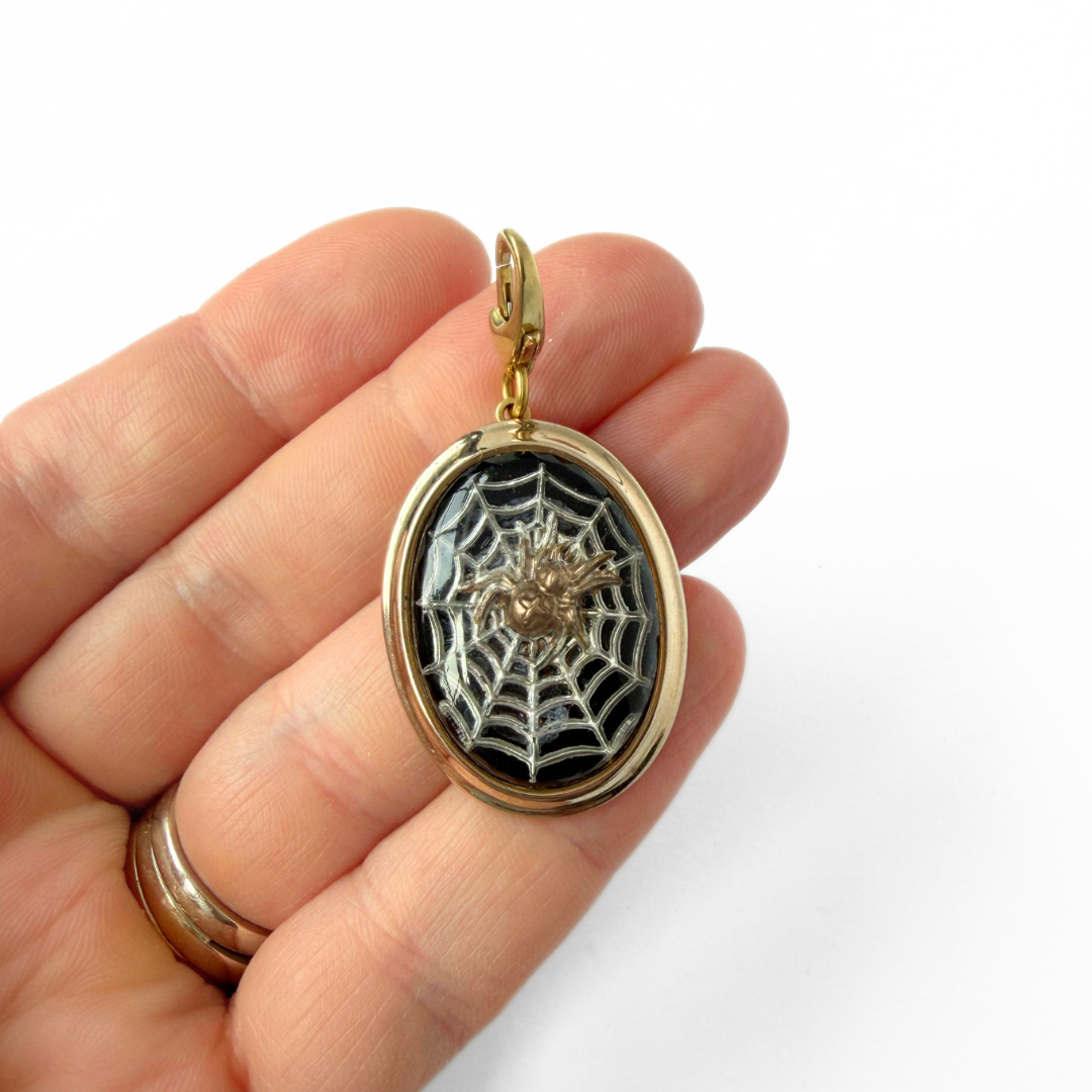 Large refashioned vintage spider web oval charm