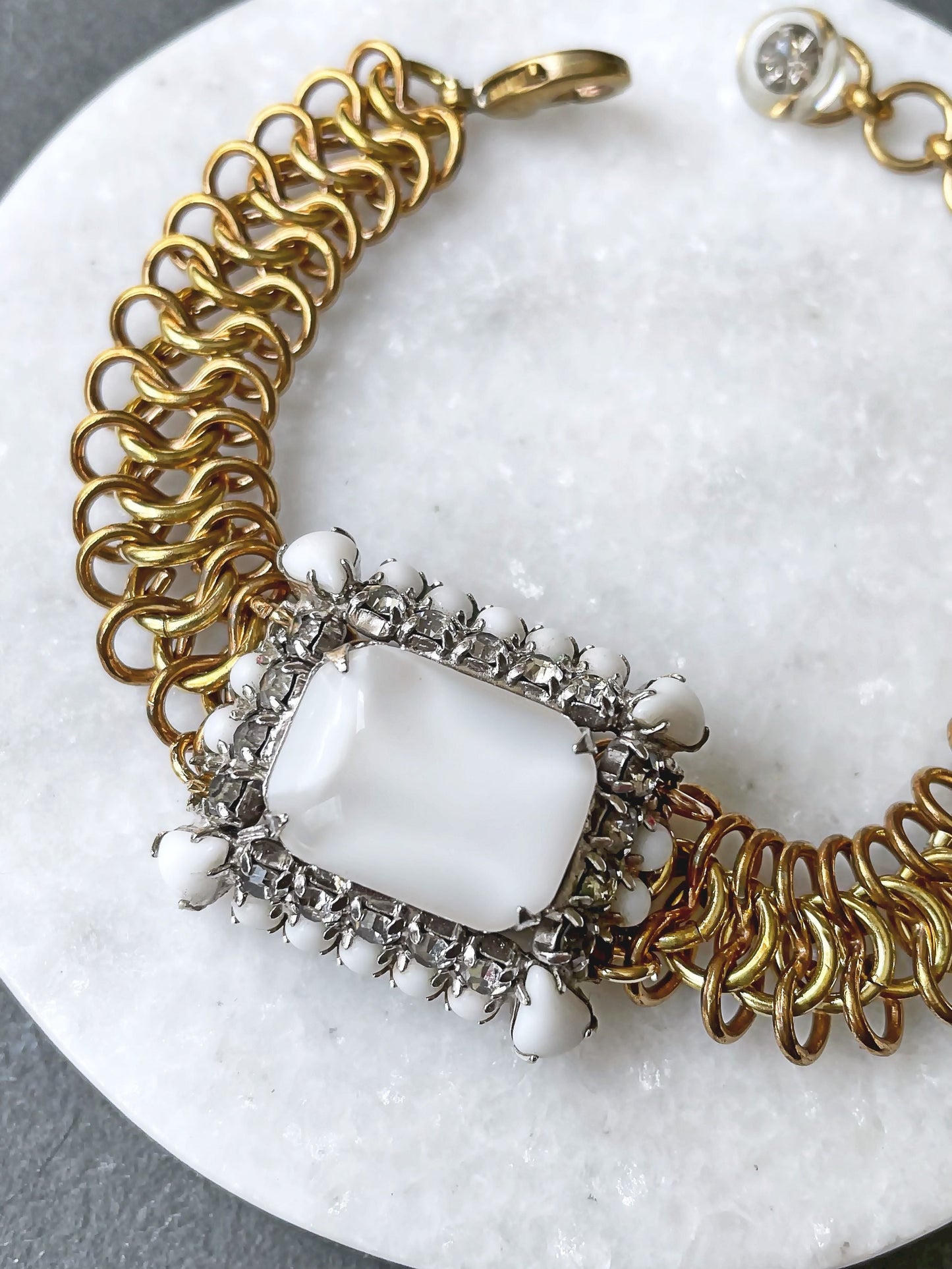 Vintage white moonstone and clear rhinestone bracelet with wide brass chain