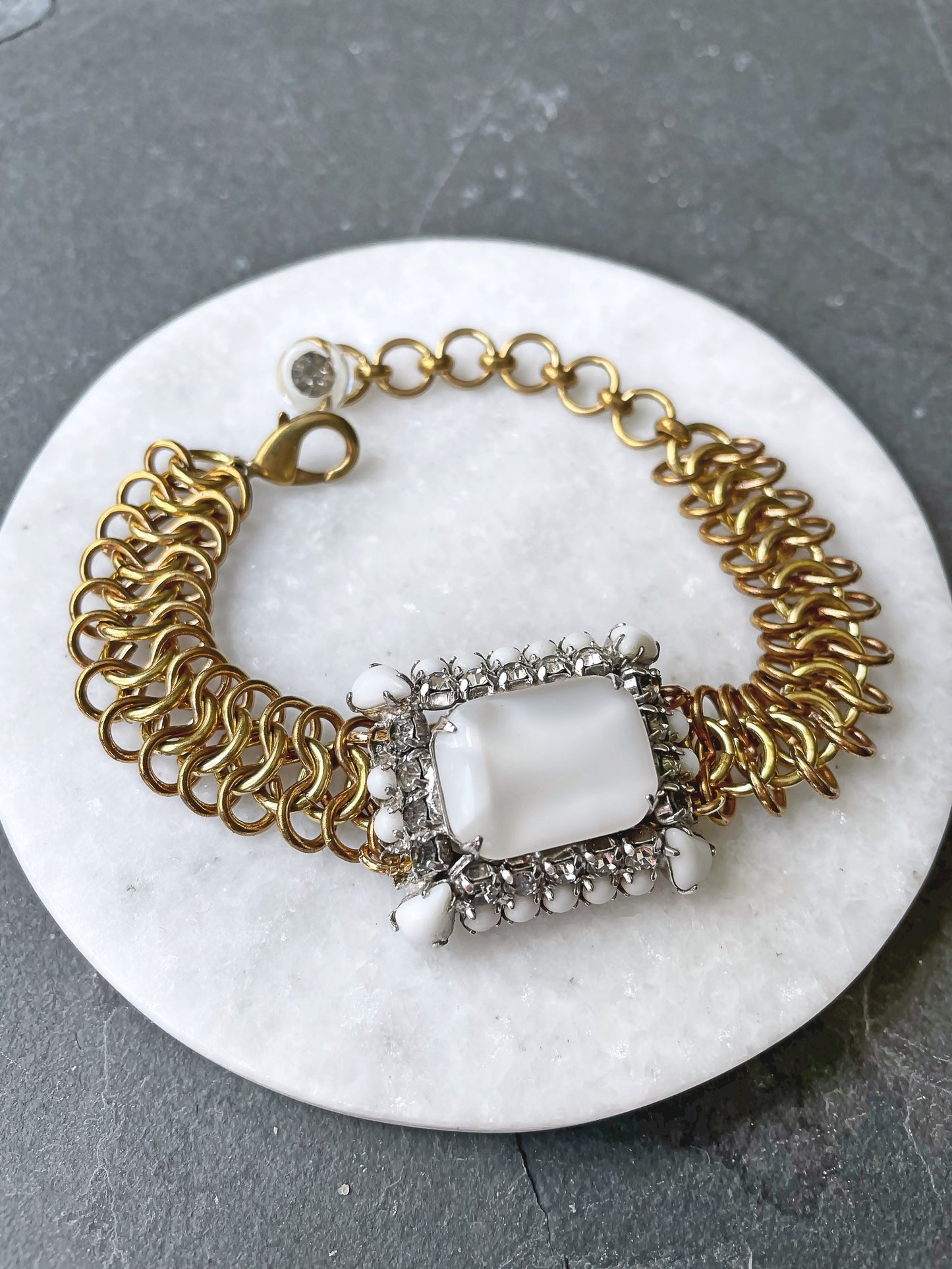 Vintage white moonstone and clear rhinestone bracelet with wide brass chain