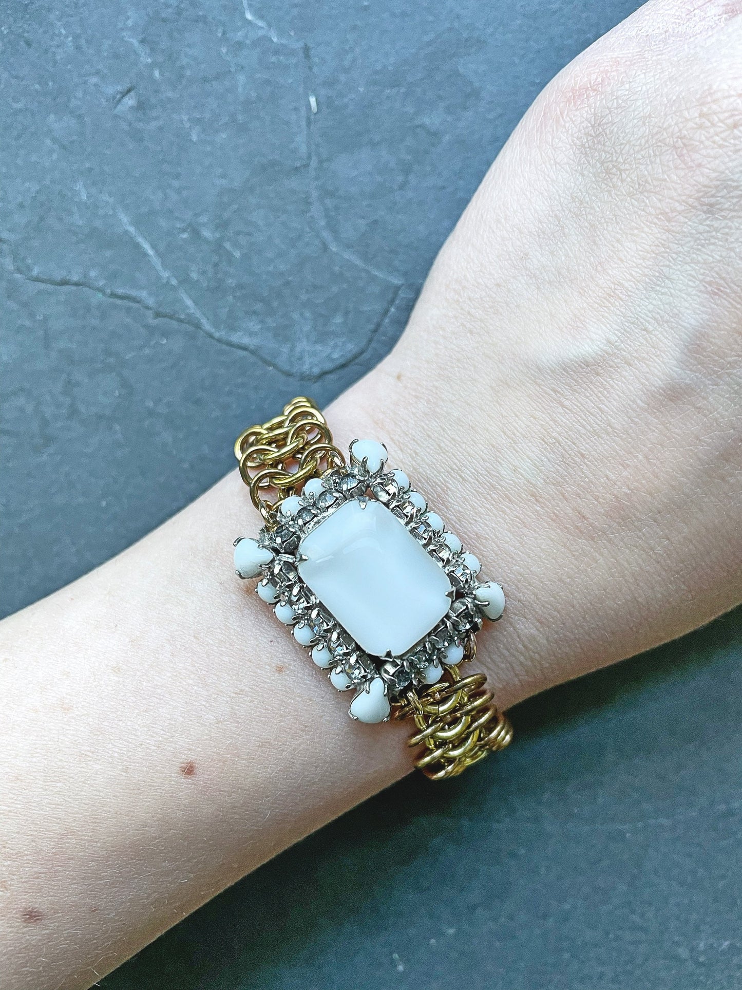 Vintage white moonstone and clear rhinestone bracelet with wide brass chain