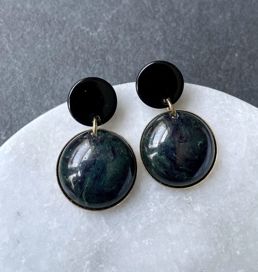 Repurposed vintage deep green Bakelite earrings with black acetate posts