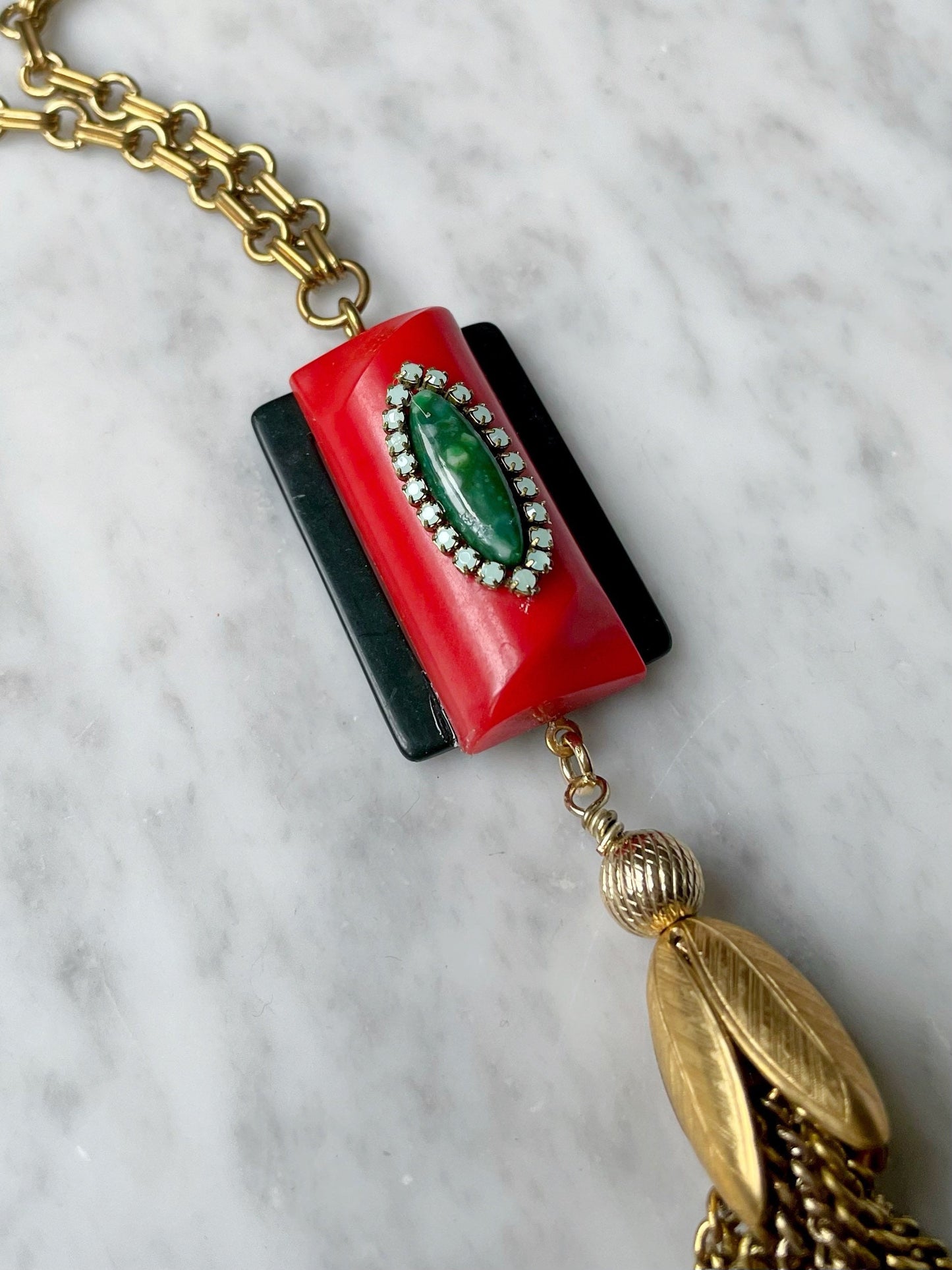 Red and green repurposed vintage assemblage long tassel necklace