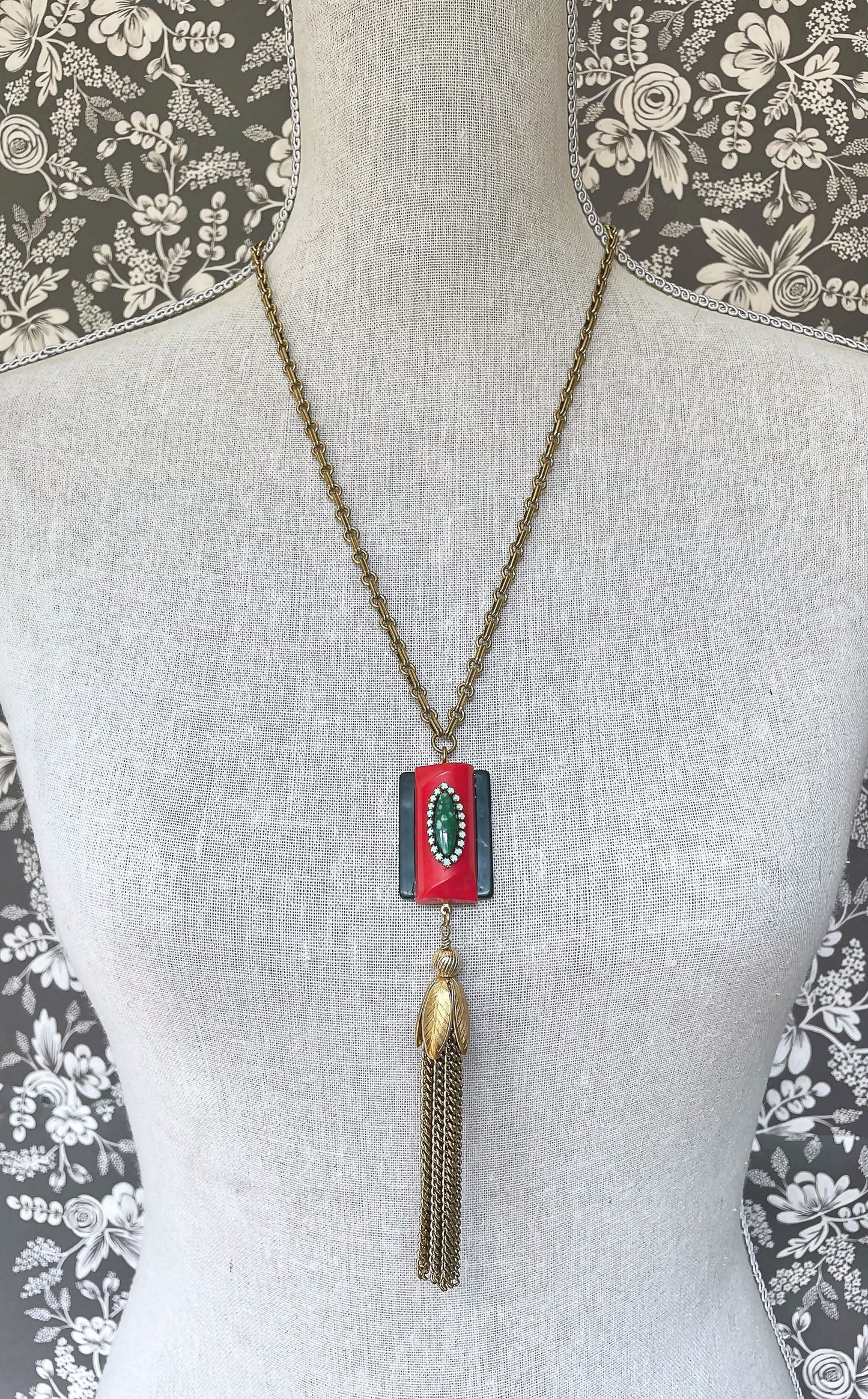 Red and green repurposed vintage assemblage long tassel necklace