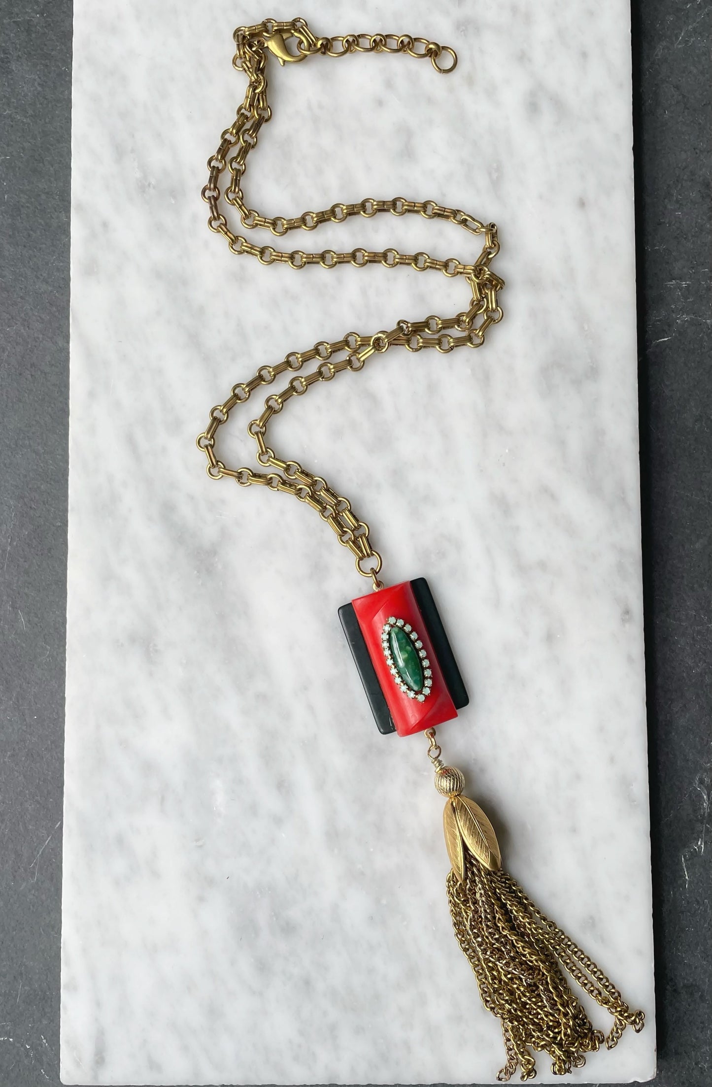 Red and green repurposed vintage assemblage long tassel necklace