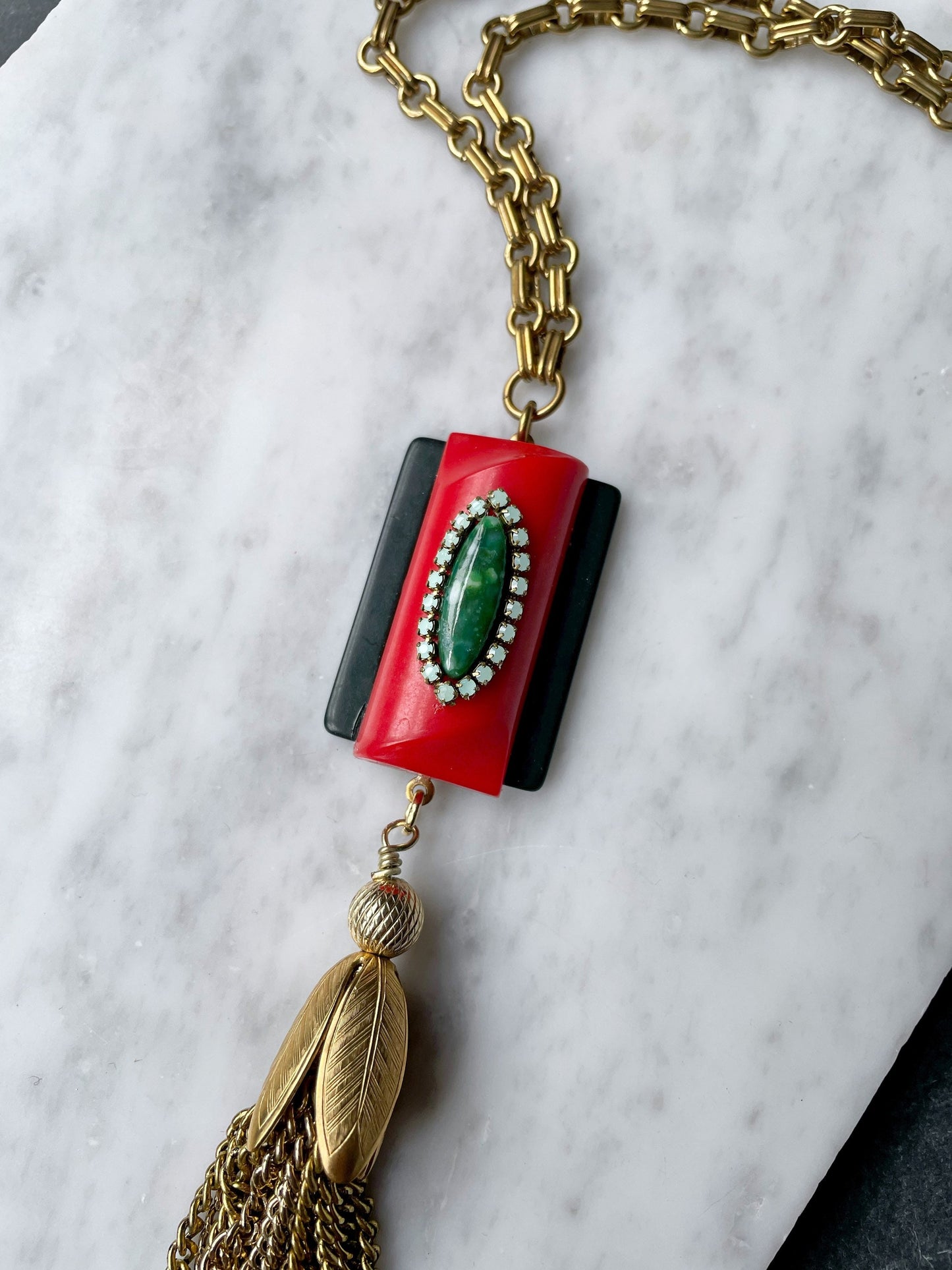 Red and green repurposed vintage assemblage long tassel necklace