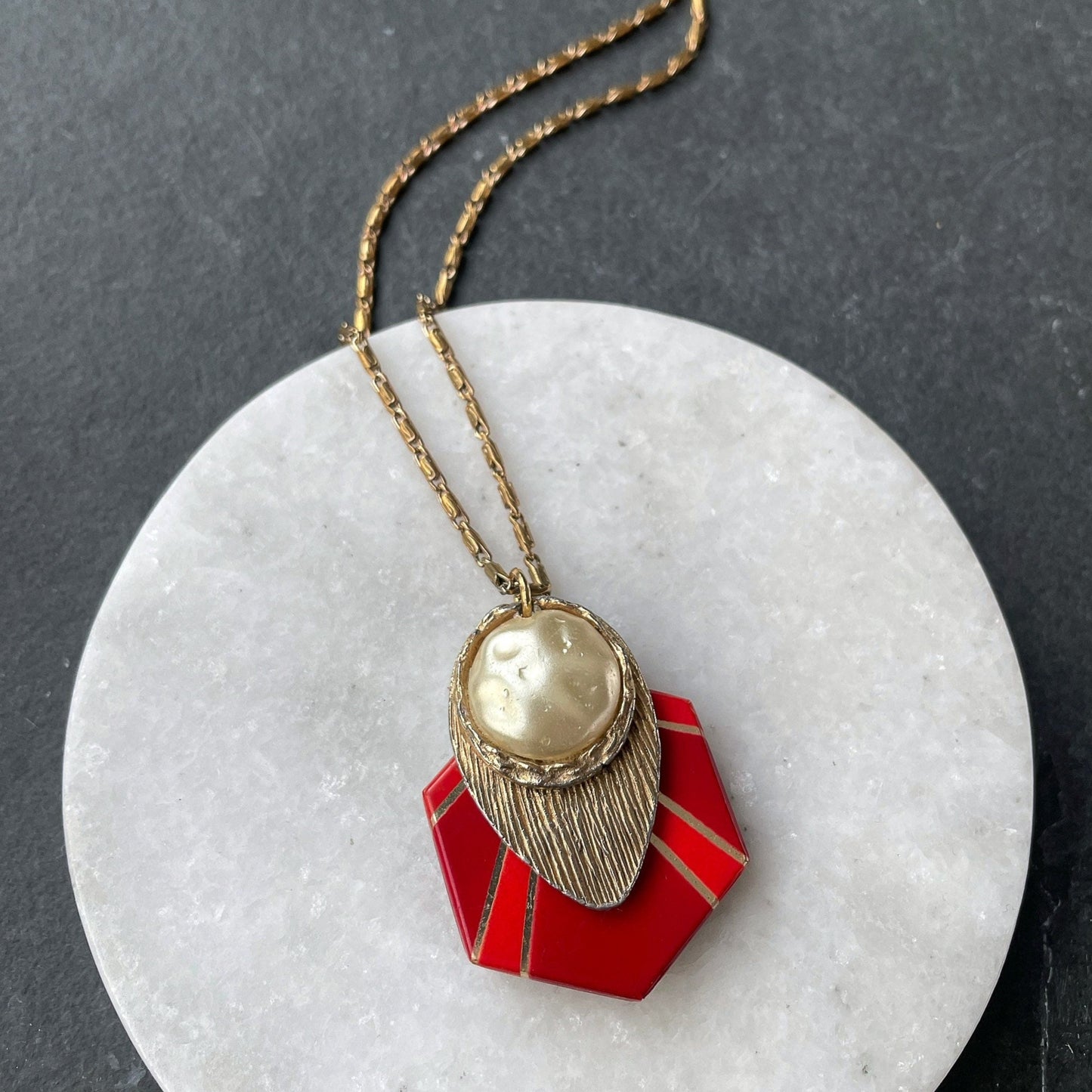 Red and gold vintage assemblage long pendant necklace