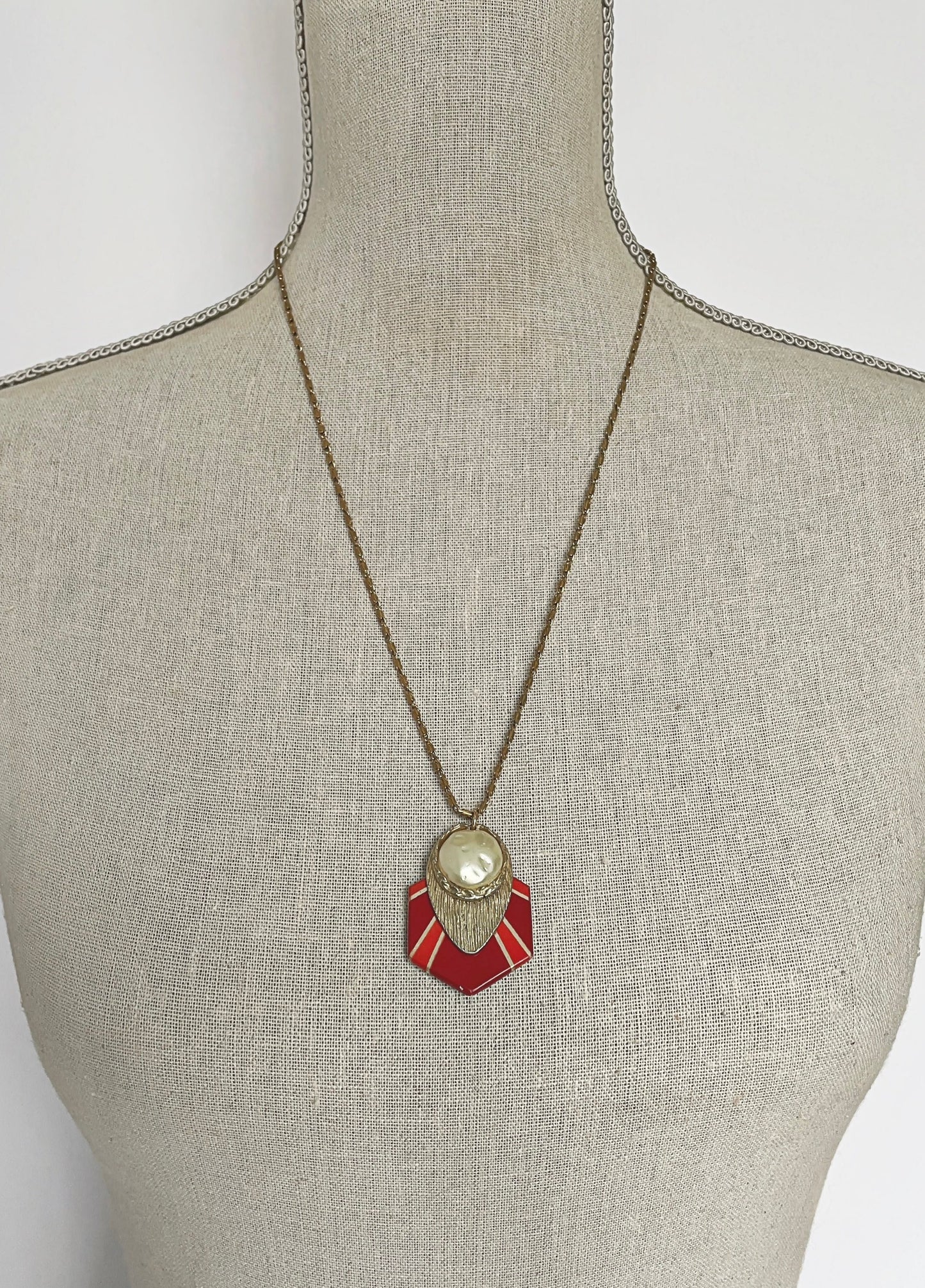 Red and gold vintage assemblage long pendant necklace