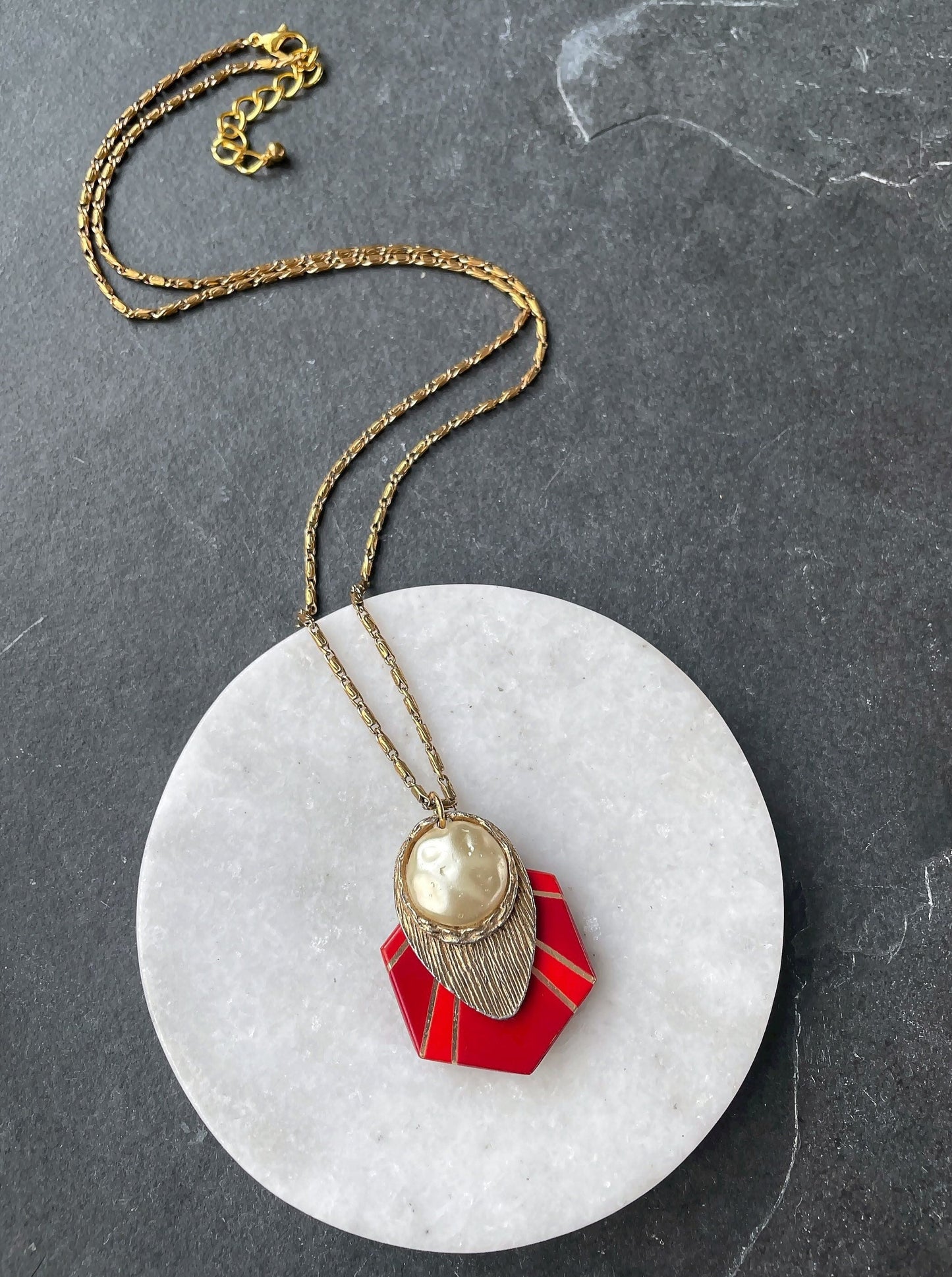 Red and gold vintage assemblage long pendant necklace