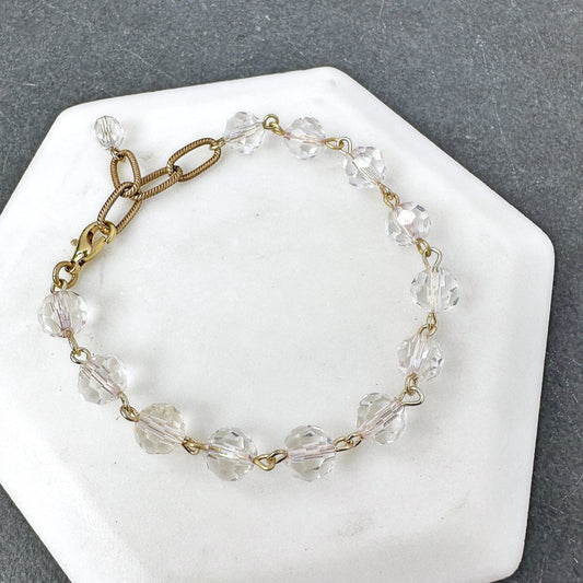 Refashioned vintage clear crystal bead bracelet with brass chain