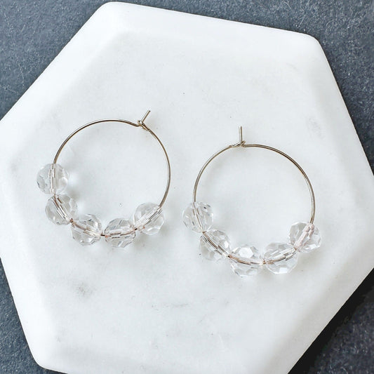 Gold plated hoop earrings with vintage faceted clear crystal beads