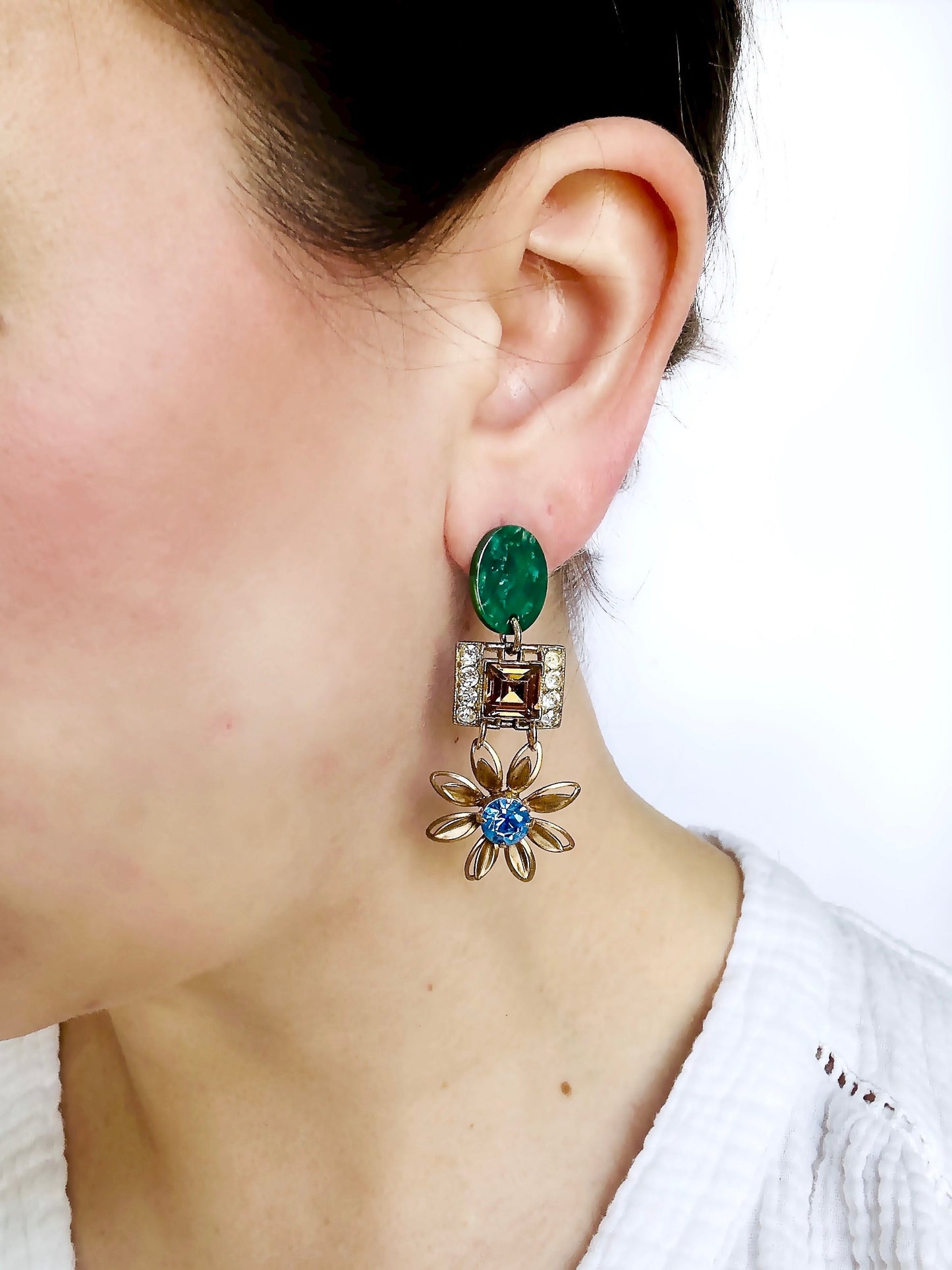 Refashioned vintage blue, brown, and green floral statement earrings