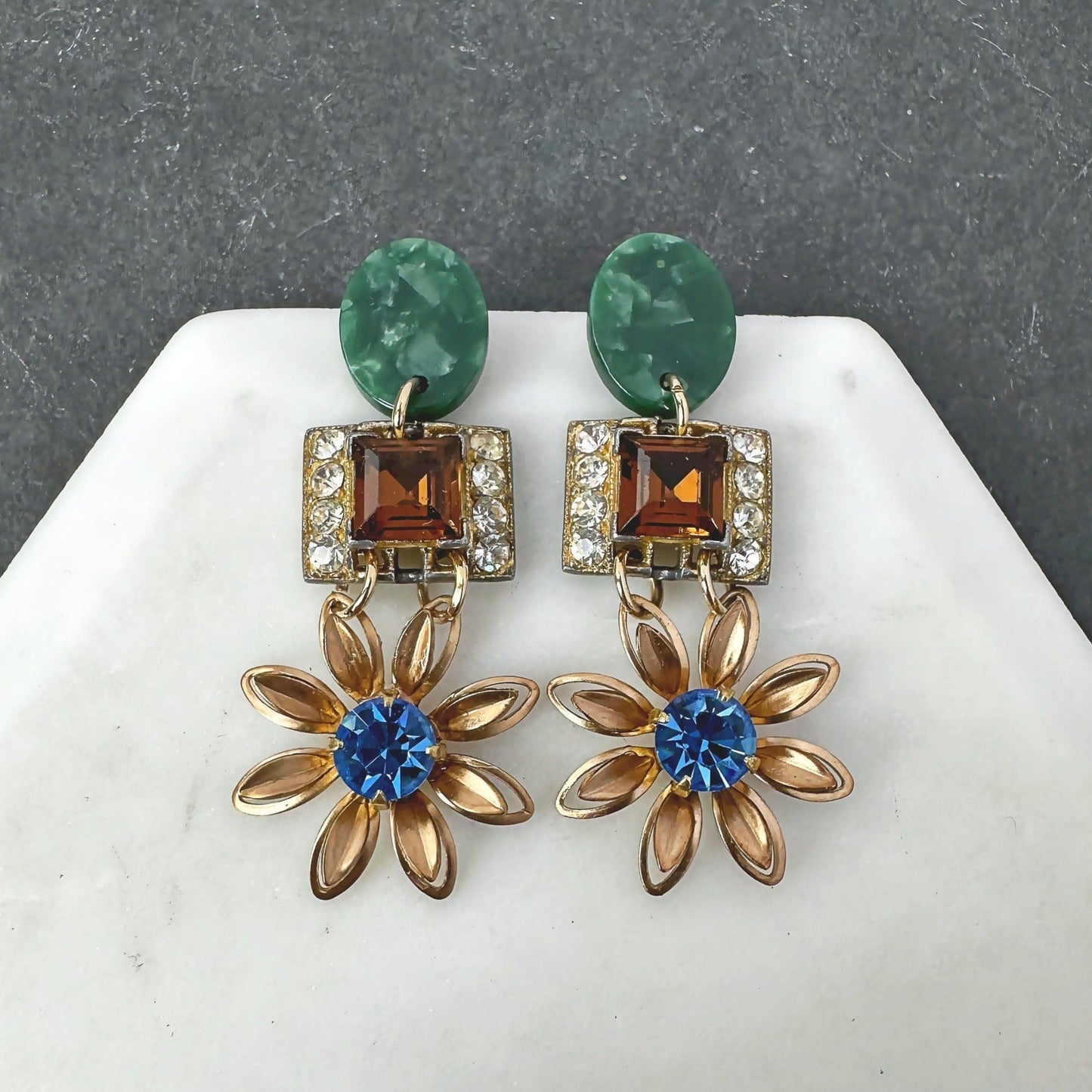 Refashioned vintage blue, brown, and green floral statement earrings