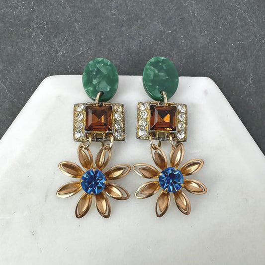 Refashioned vintage blue, brown, and green floral statement earrings