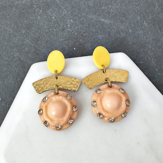 Repurposed vintage peach and yellow button earrings