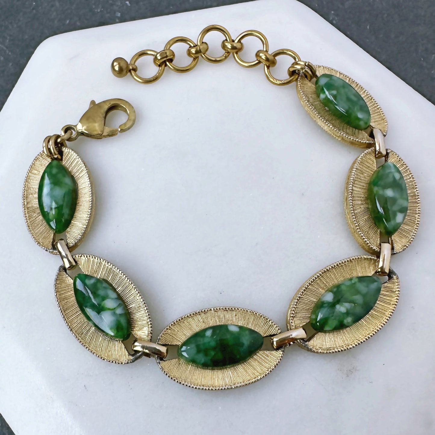 Refashioned vintage gold tone oval link bracelet with green or blue acrylic cabochons