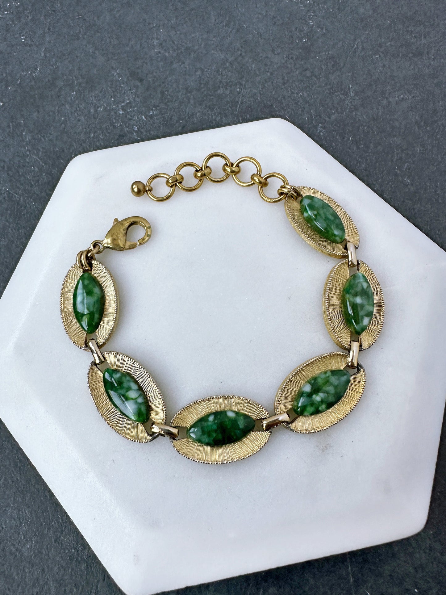 Refashioned vintage gold tone oval link bracelet with green or blue acrylic cabochons