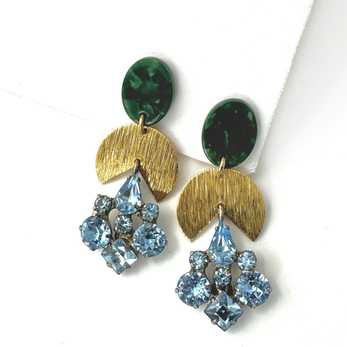 Repurposed vintage light blue rhinestone earrings with brass and green acetate