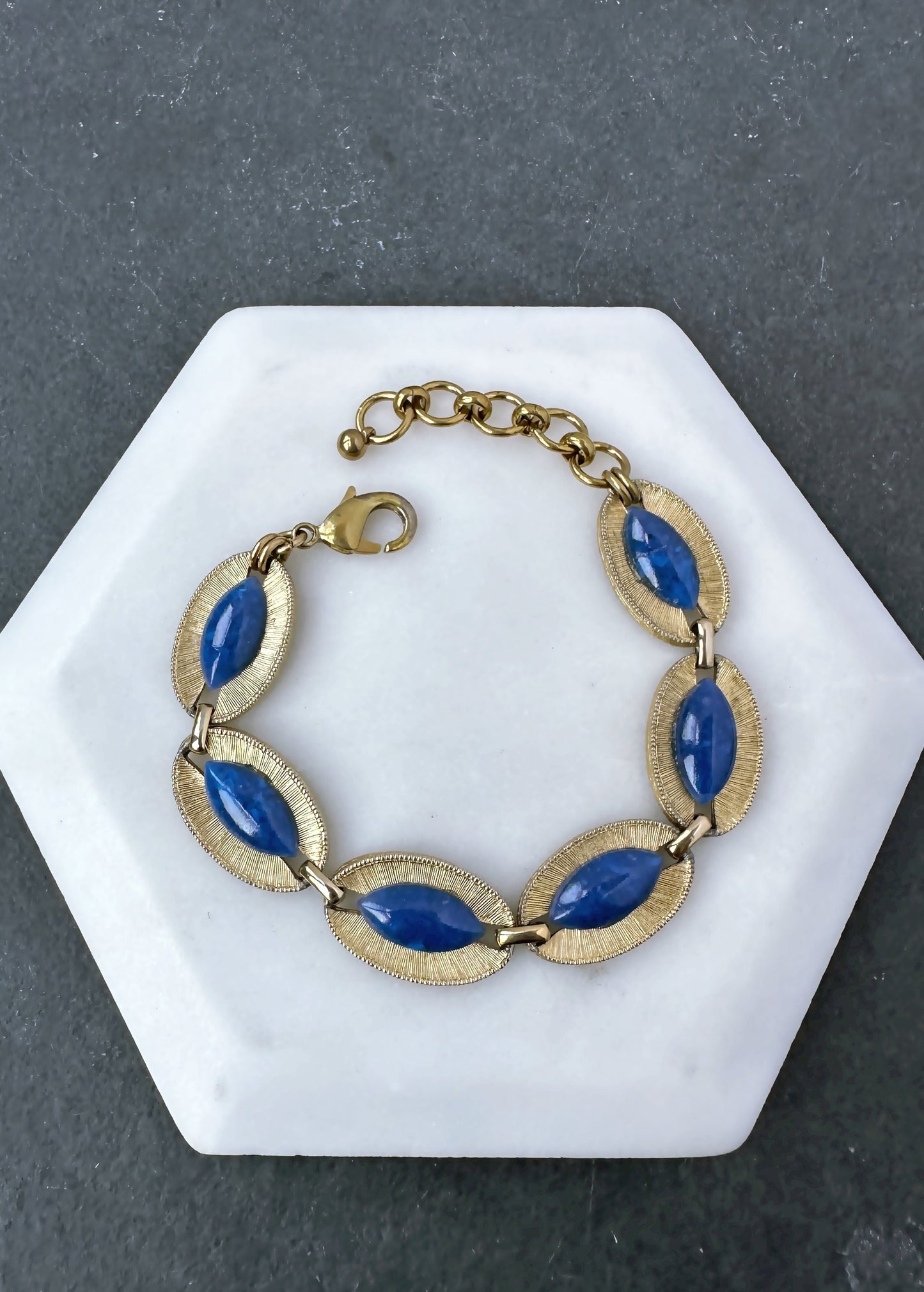 Refashioned vintage gold tone oval link bracelet with green or blue acrylic cabochons