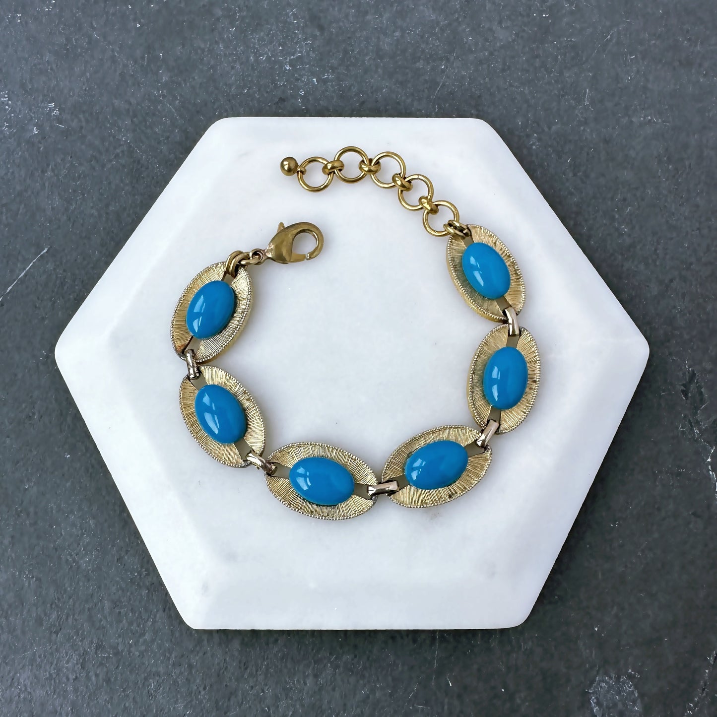 Refashioned vintage gold tone oval link bracelet with green or blue acrylic cabochons