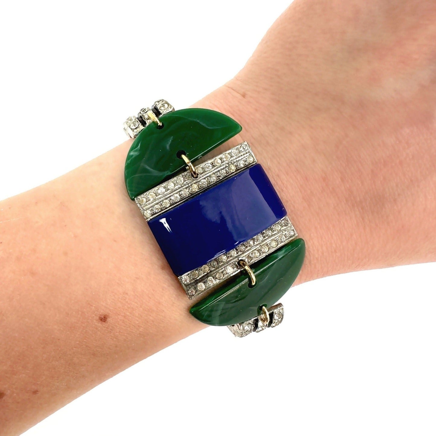 Blue and green Refashioned vintage rhinestone assemblage bracelet