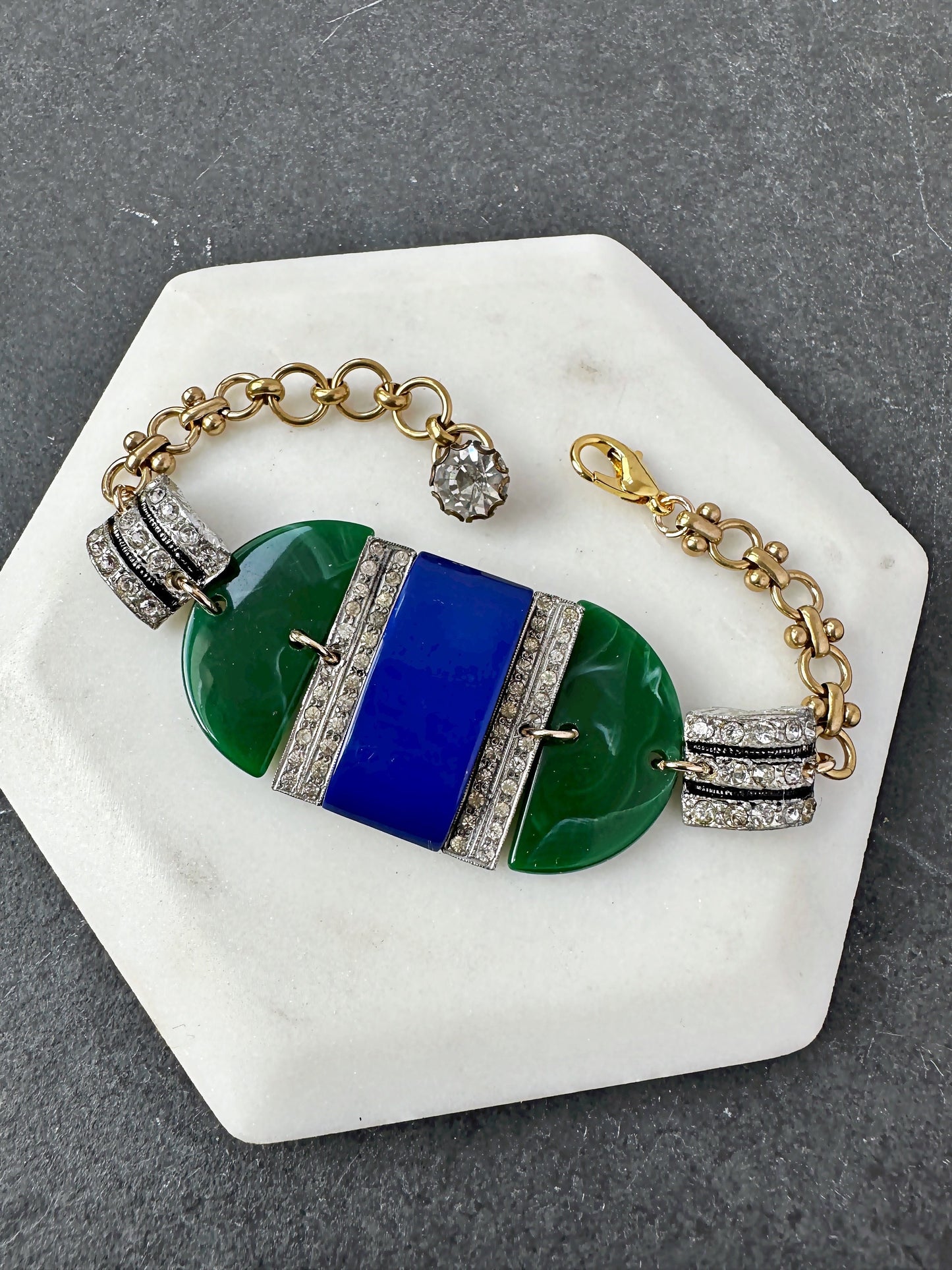 Blue and green Refashioned vintage rhinestone assemblage bracelet