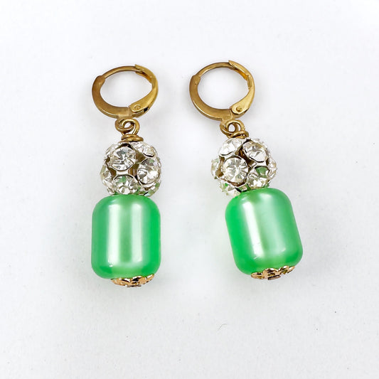 Refashioned clear vintage rhinestone and green moonglow beaded earrings