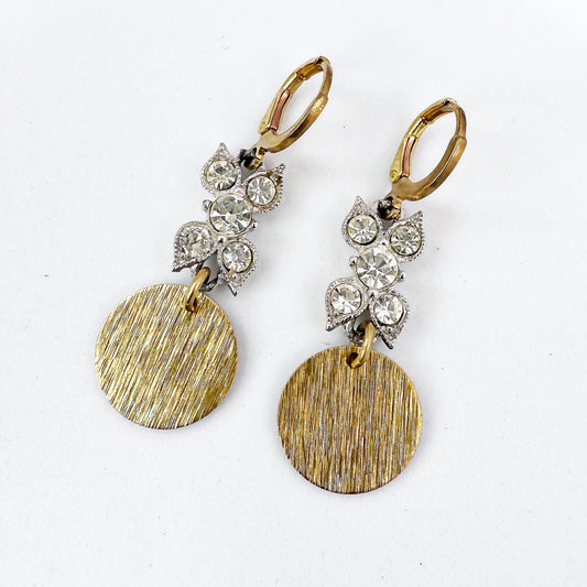 Refashioned vintage rhinestone link earrings with brass disc drop