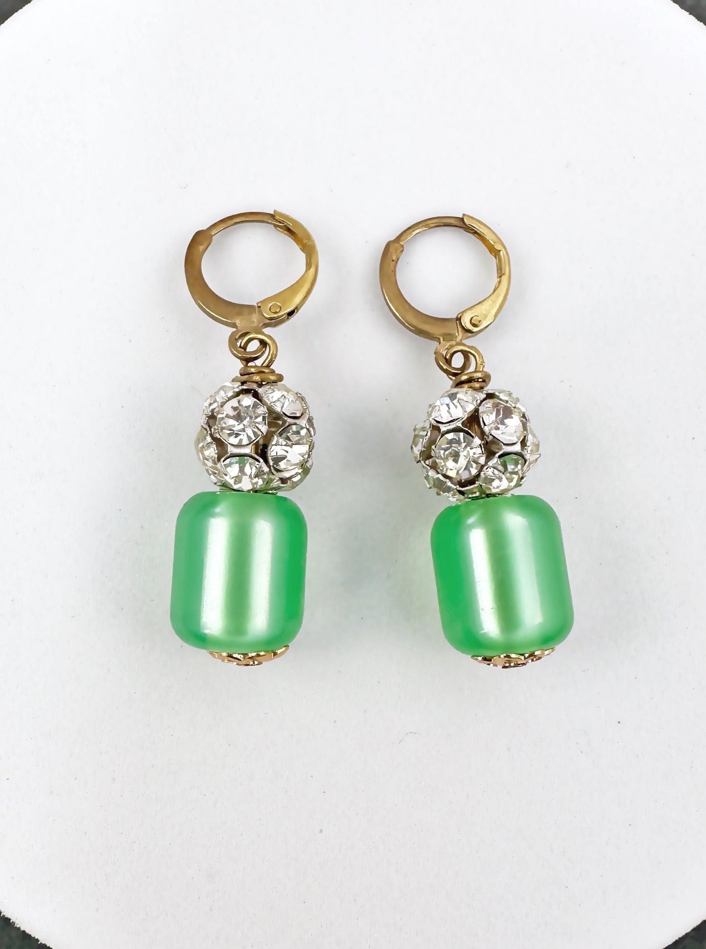 Refashioned clear vintage rhinestone and green moonglow beaded earrings