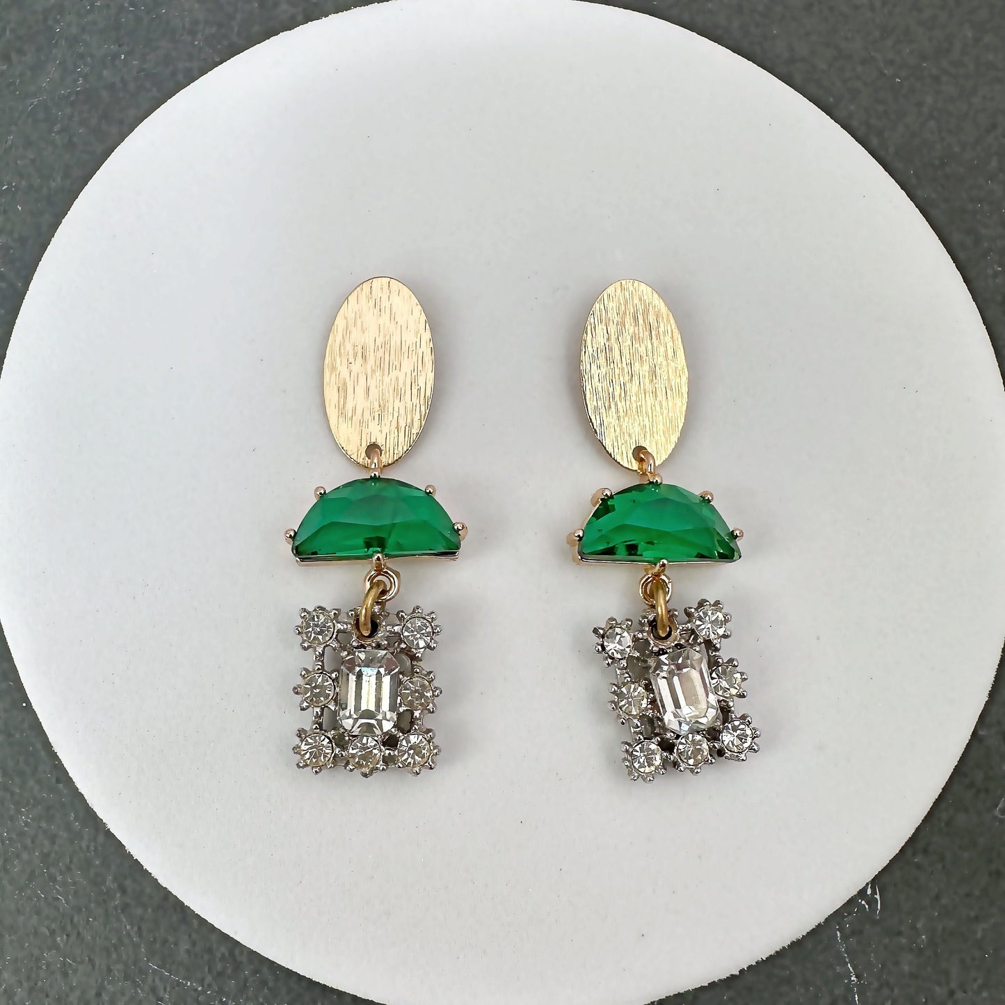 Refashioned vintage clear rhinestone drop earrings with green glass semicircle crystals and gold oval posts