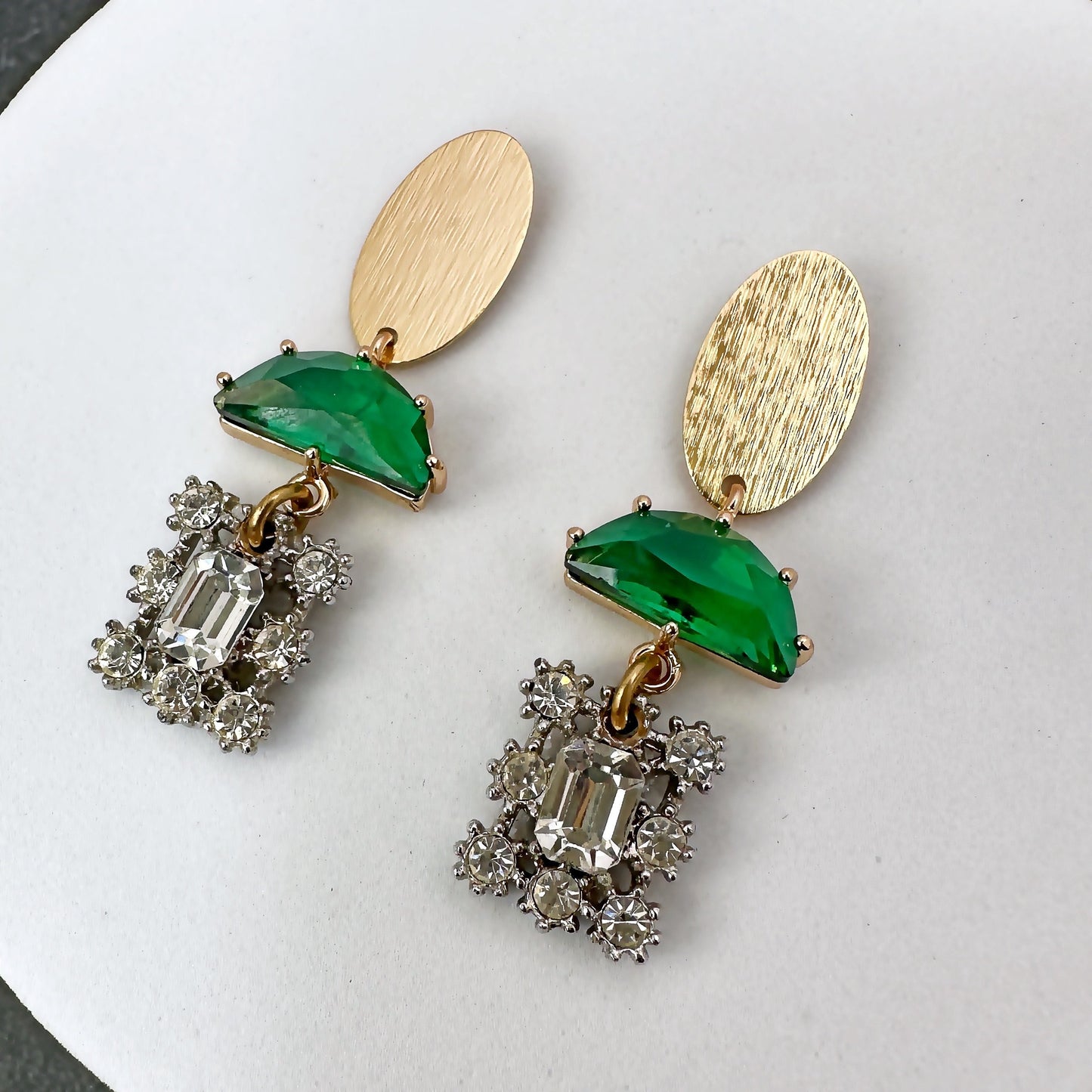 Refashioned vintage clear rhinestone drop earrings with green glass semicircle crystals and gold oval posts