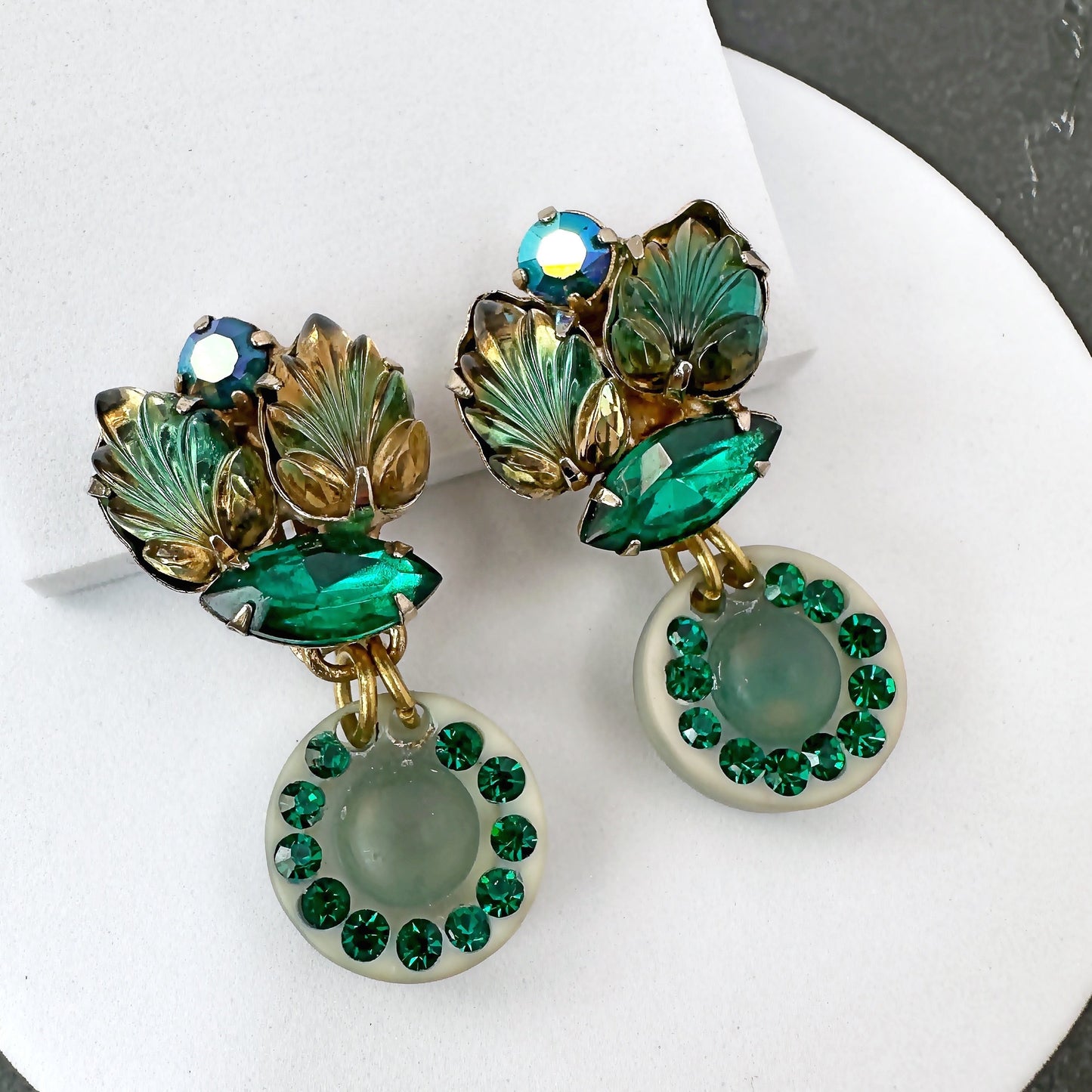 Refashioned vintage pressed glass clip on green leaf earrings with acrylic button drop