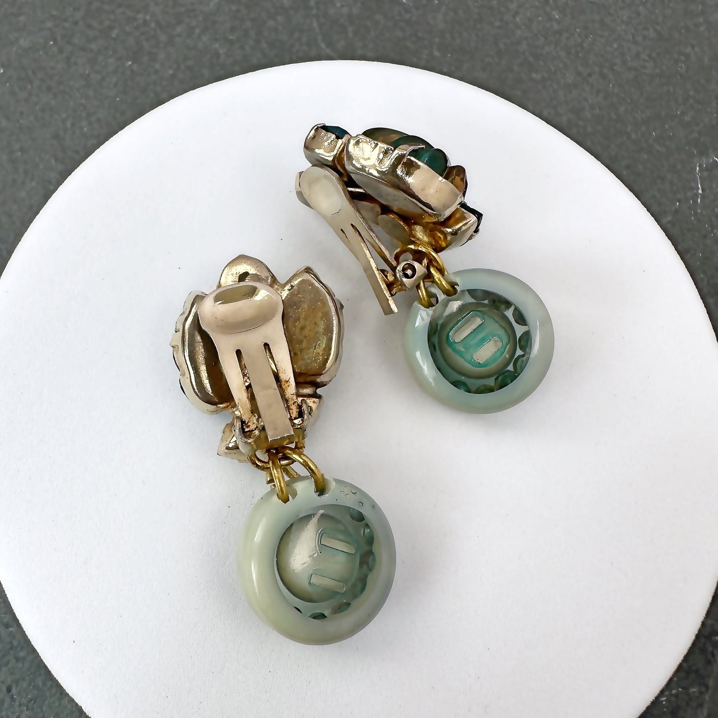 Refashioned vintage pressed glass clip on green leaf earrings with acrylic button drop