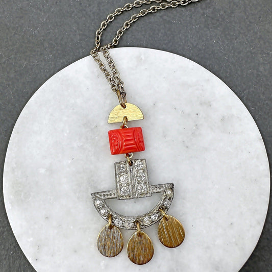 Refashioned Vintage rhinestone pendant assemblage necklace with long brass chain and vintage coral pressed glass