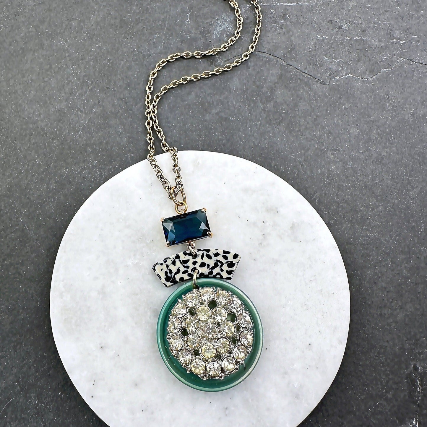 Refashioned Vintage green, blue and rhinestone assemblage long pendant necklace