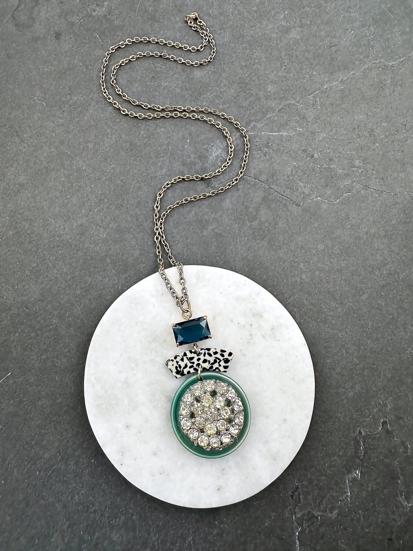 Refashioned Vintage green, blue and rhinestone assemblage long pendant necklace