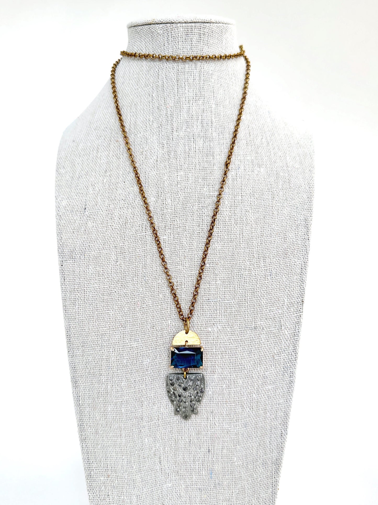 Refashioned vintage Art Deco rhinestone long pendant necklace with navy crystal