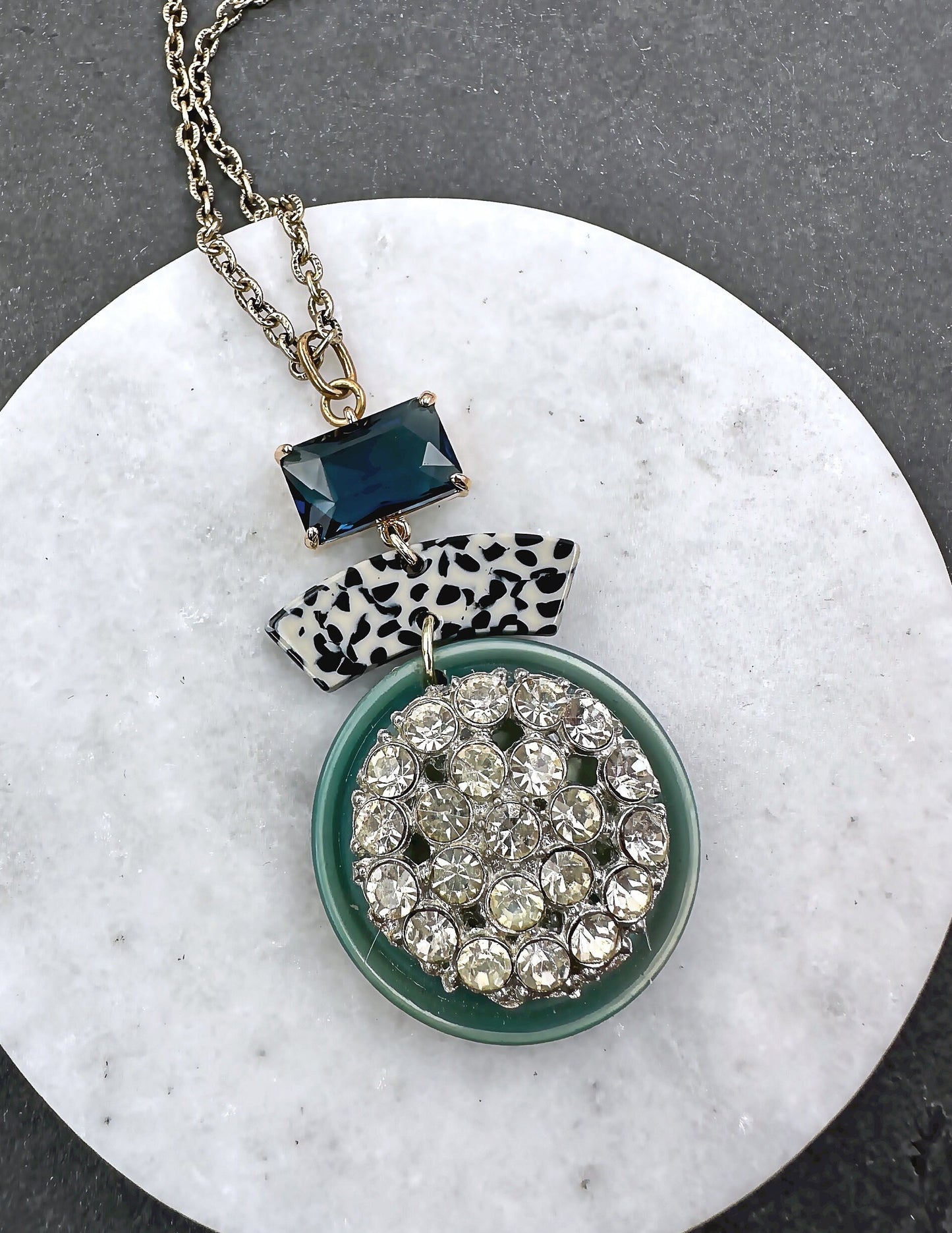 Refashioned Vintage green, blue and rhinestone assemblage long pendant necklace