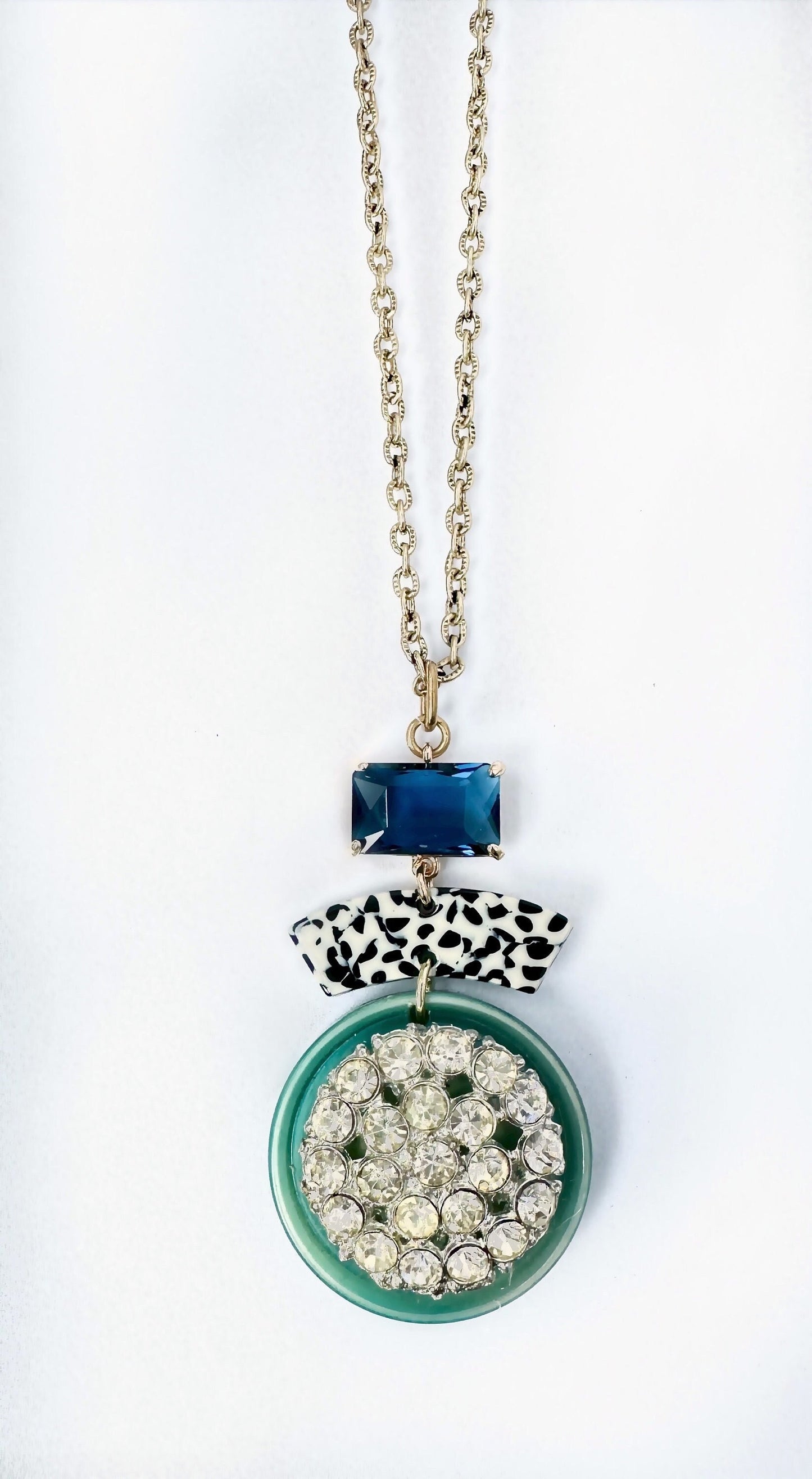 Refashioned Vintage green, blue and rhinestone assemblage long pendant necklace