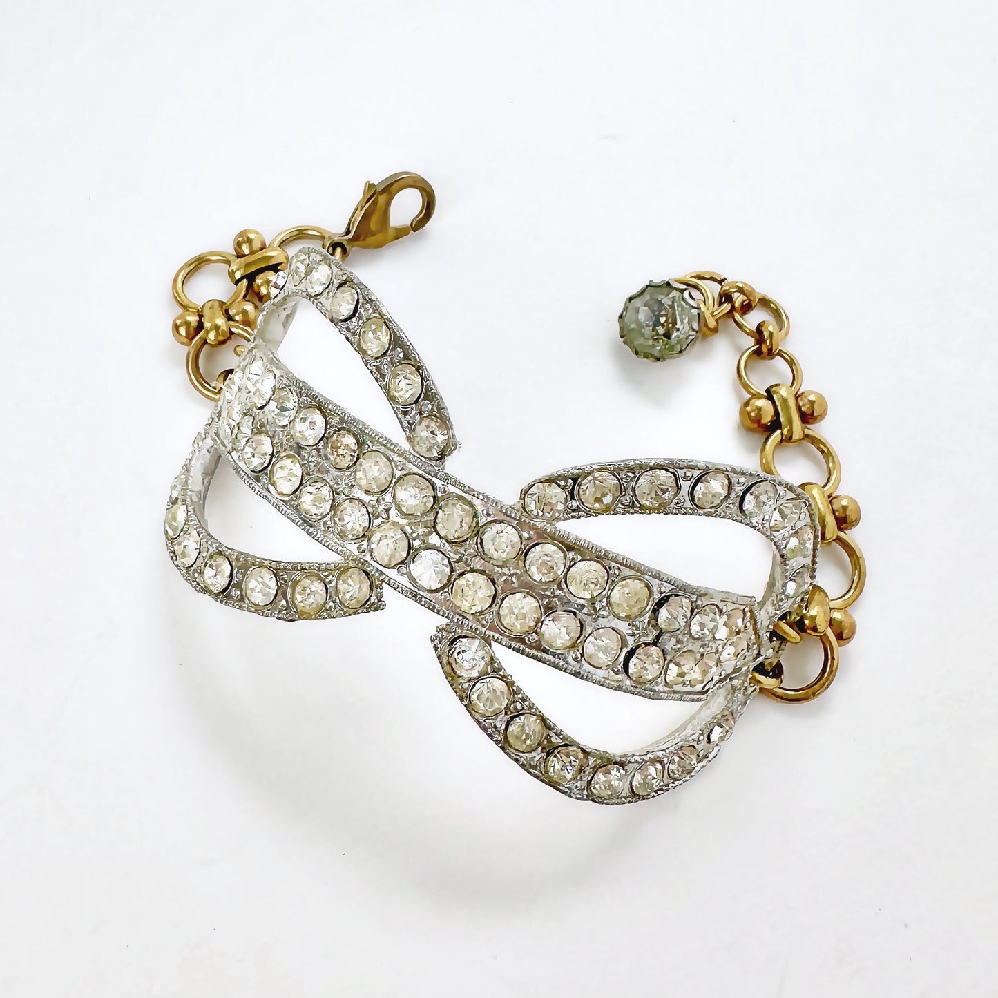 Refashioned vintage clear and rhinestone cuff bracelet with brass chain