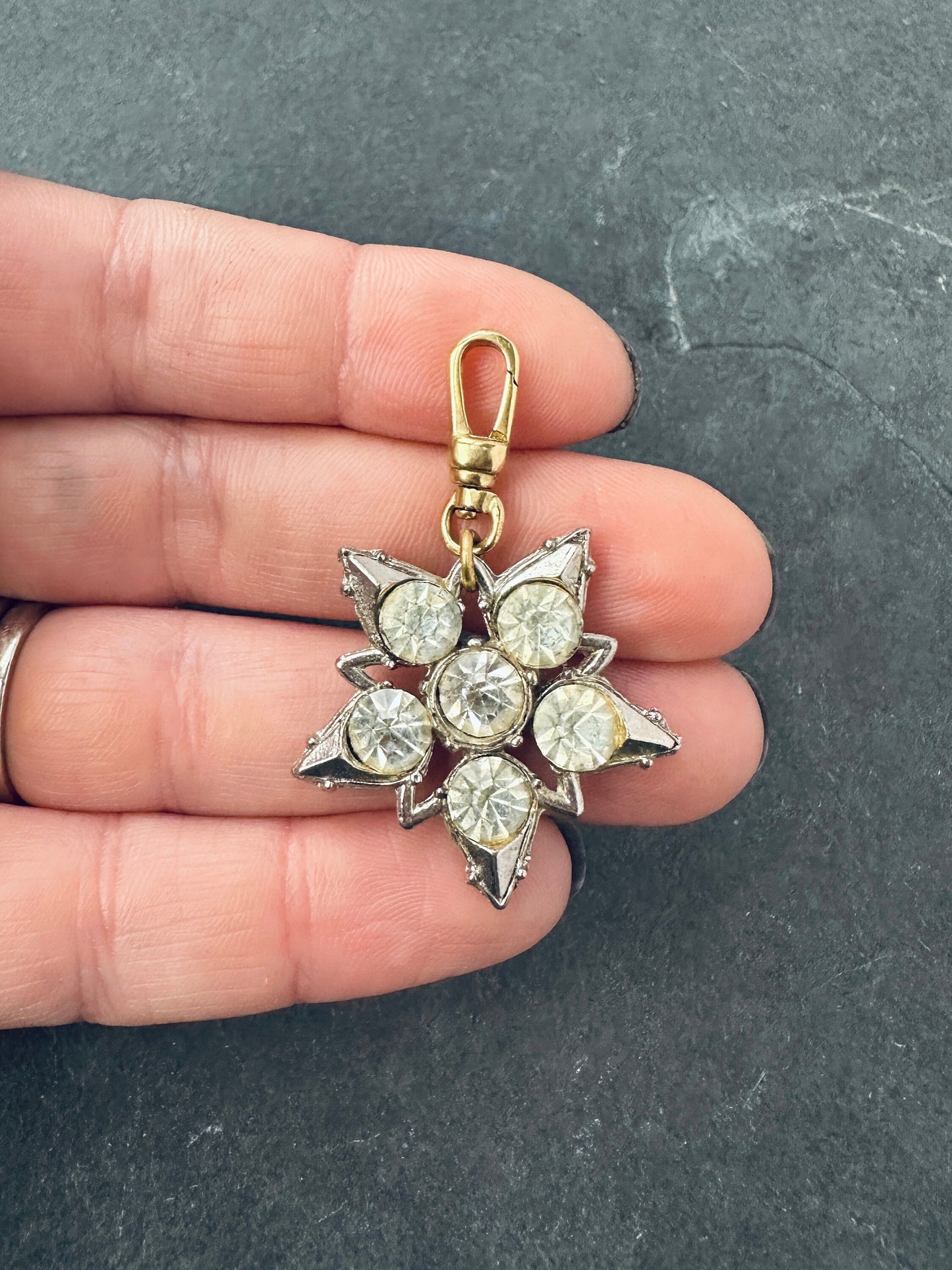 Vintage clear rhinestone star charm with raw brass swivel clasp