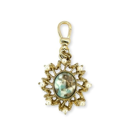 Vintage turquoise matrix and pearl charm with gold plated swivel clasp