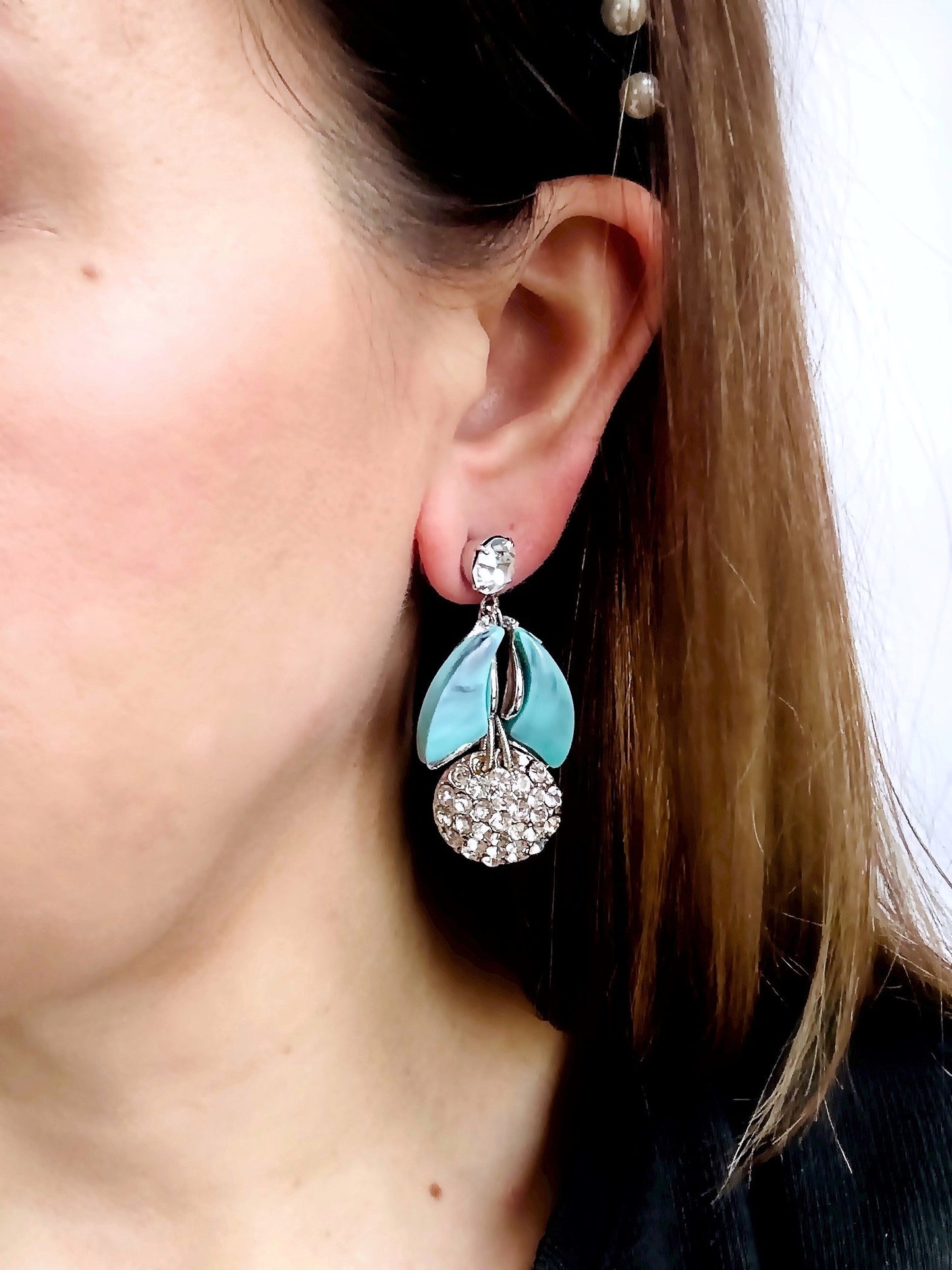 Refashioned Vintage turquoise and clear rhinestone statement earrings with crystal posts