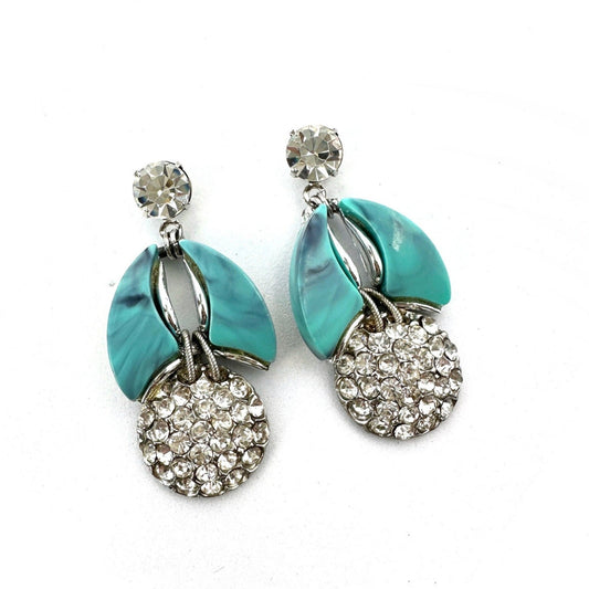 Refashioned Vintage turquoise and clear rhinestone statement earrings with crystal posts