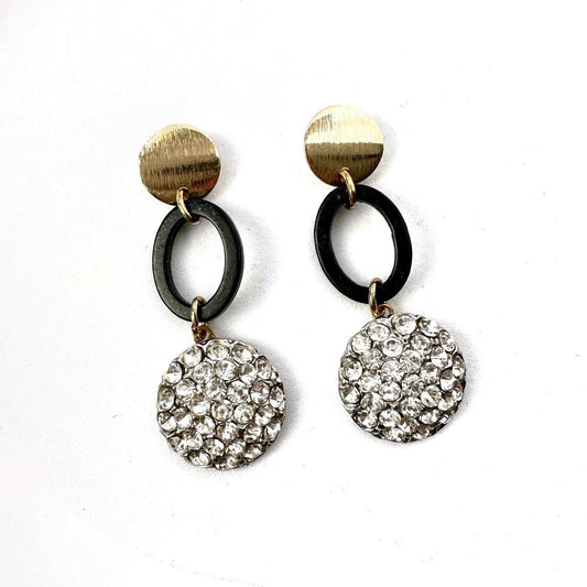 Refashioned Vintage black and clear rhinestone assemblage earrings with gold circular posts