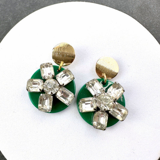 Refashioned Vintage green and clear rhinestone assemblage earrings with brass circular post