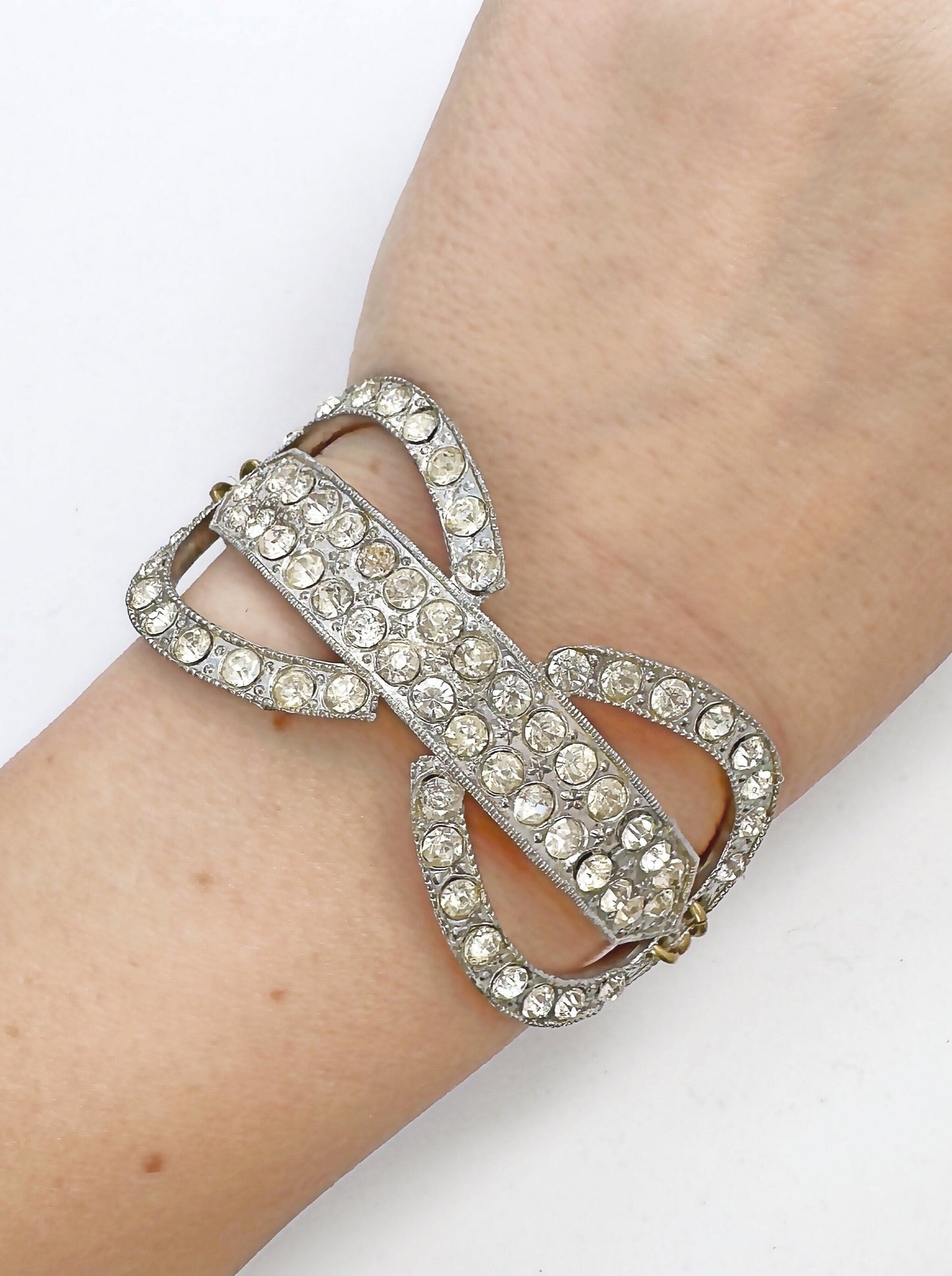 Refashioned vintage clear and rhinestone cuff bracelet with brass chain