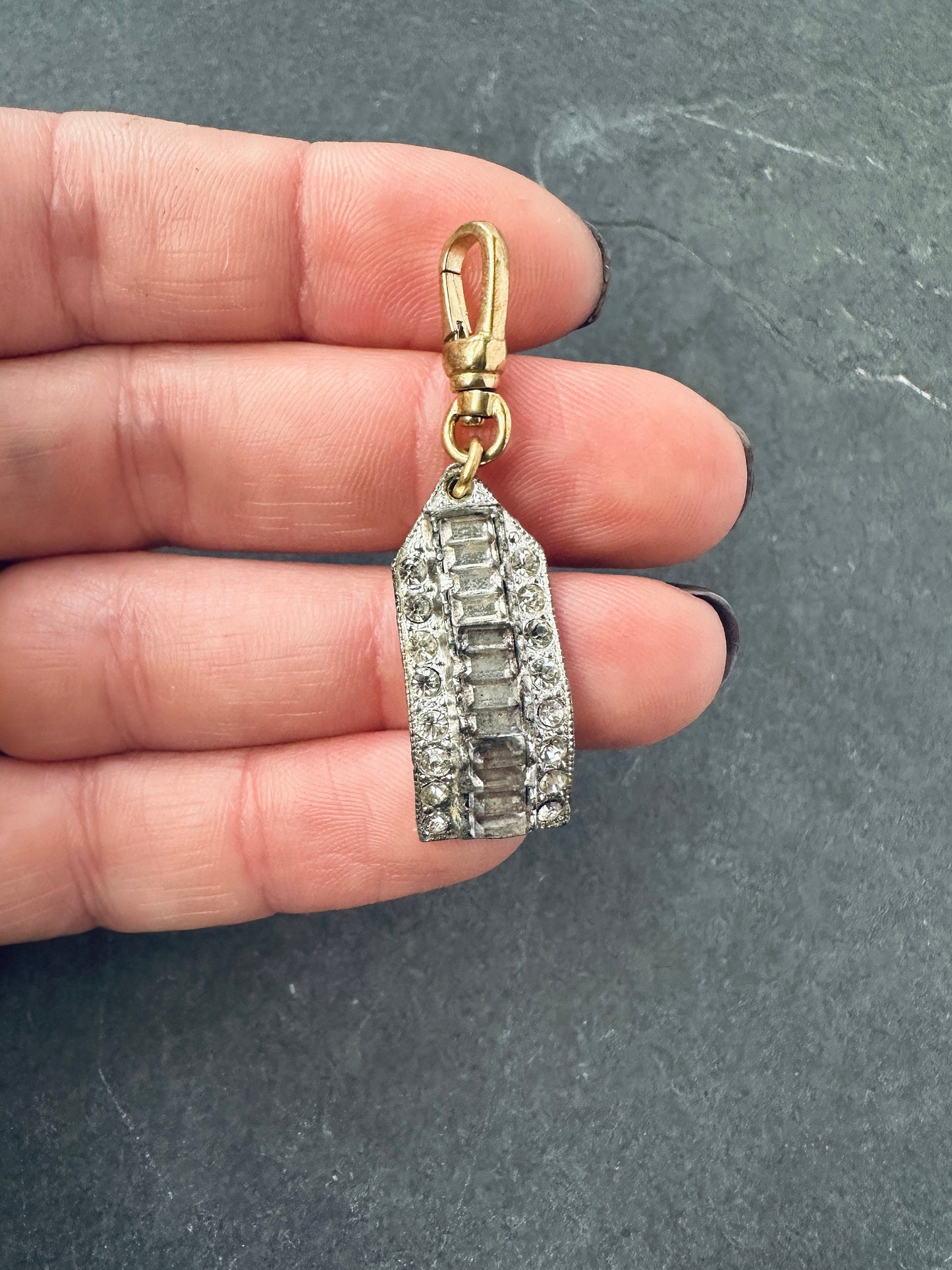 Vintage art deco clear charm with raw brass swivel clasp