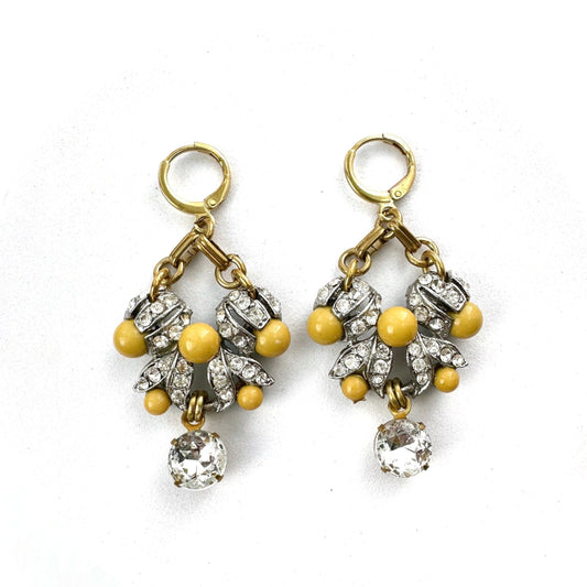 Refashioned vintage yellow and clear rhinestone assemblage statement earrings with raw brass leverbacks