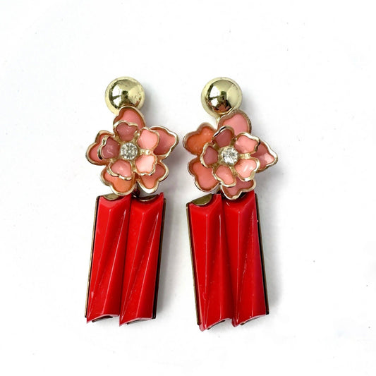 Repurposed vintage rose colored floral earrings with red oversized drop