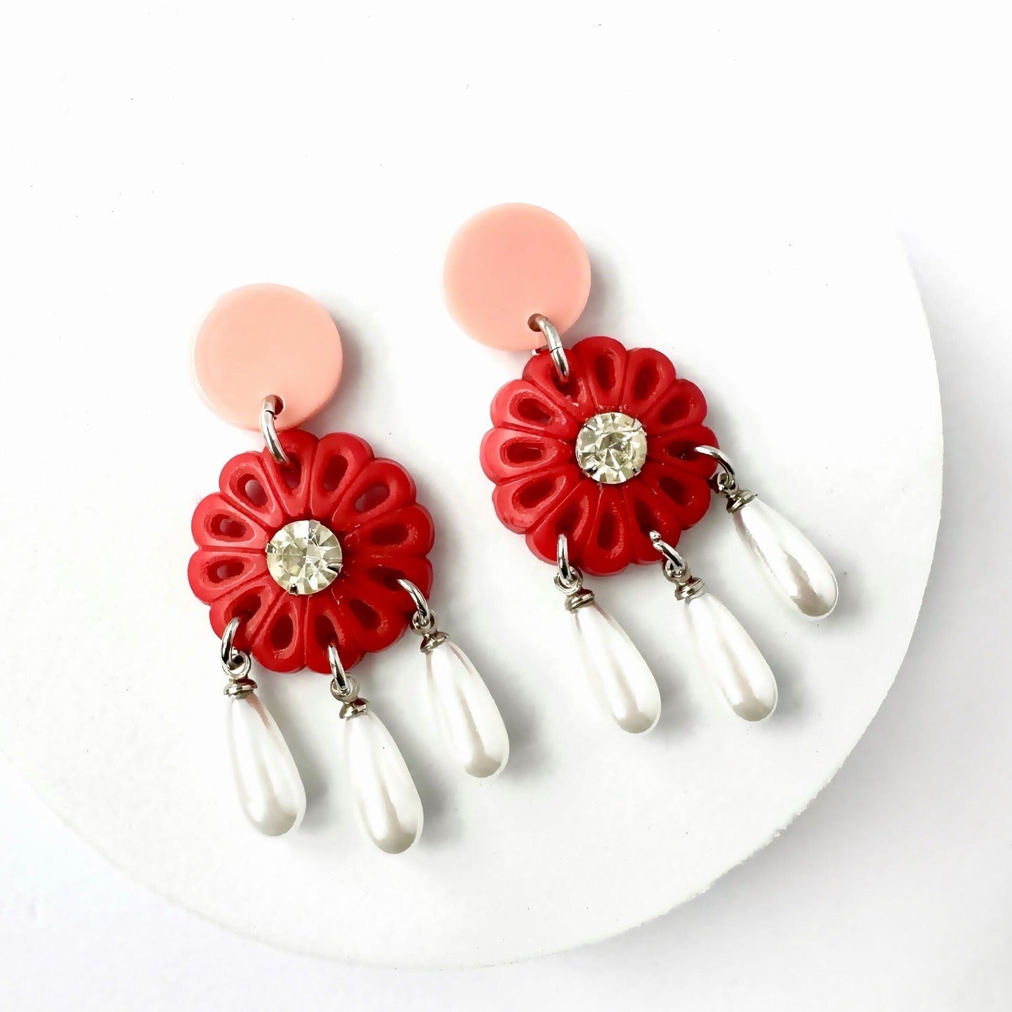 Repurposed vintage red button earrings with white pearl teardrops and pink posts